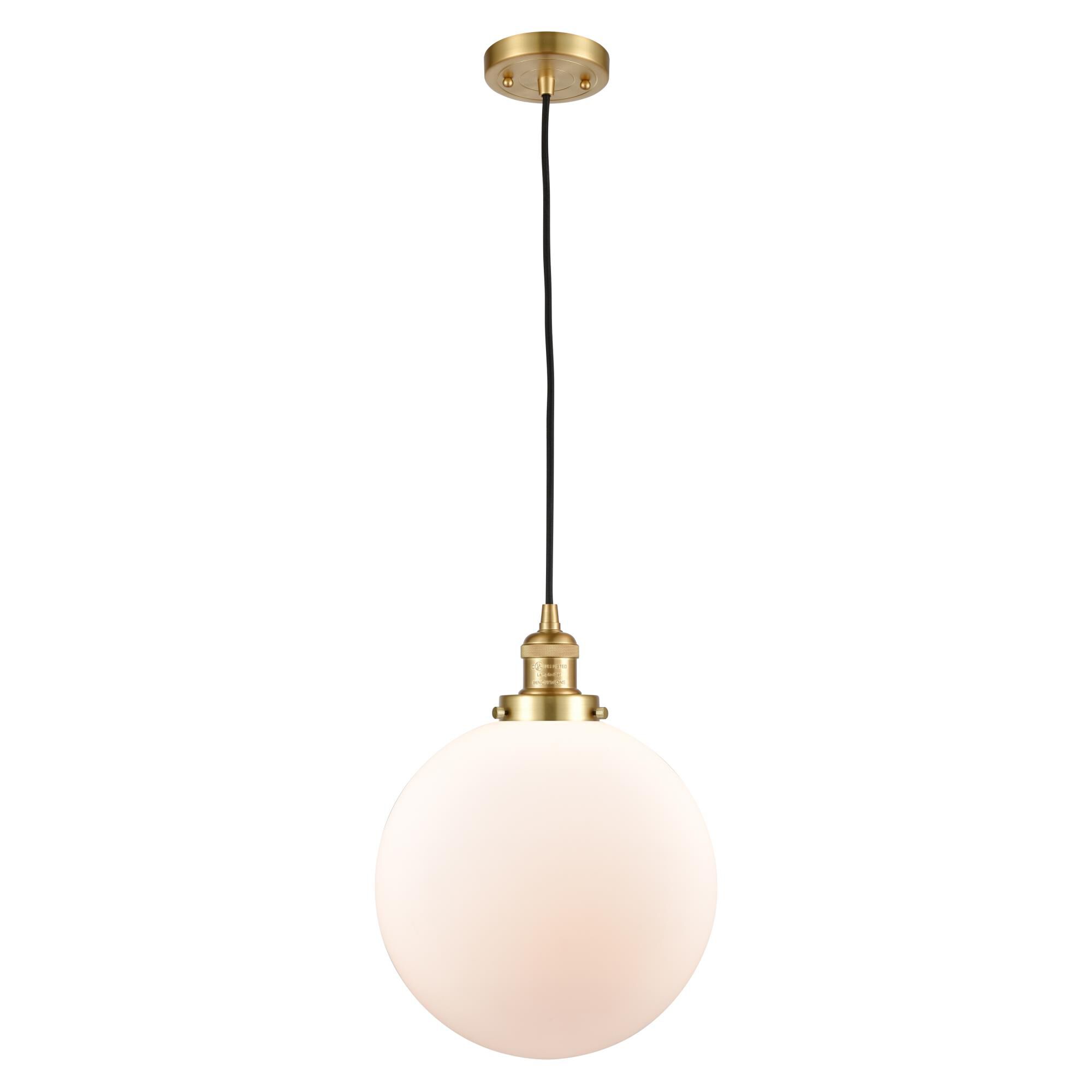 Shown in Satin Gold finish and Matte White Cased Beacon glass