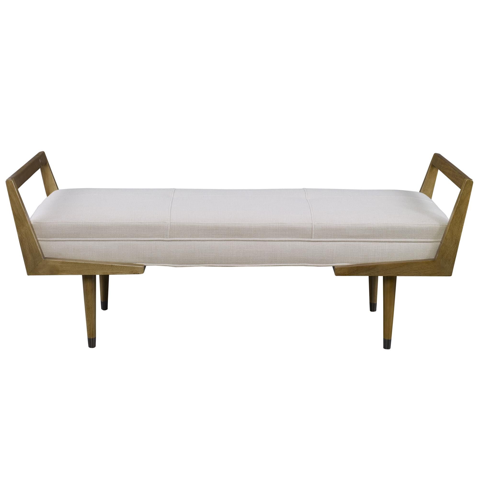 Shown in A Bench For Extra Seating With A Mid Century Twist In It's Modern Birch Wood Frame Lightly Finished  finish