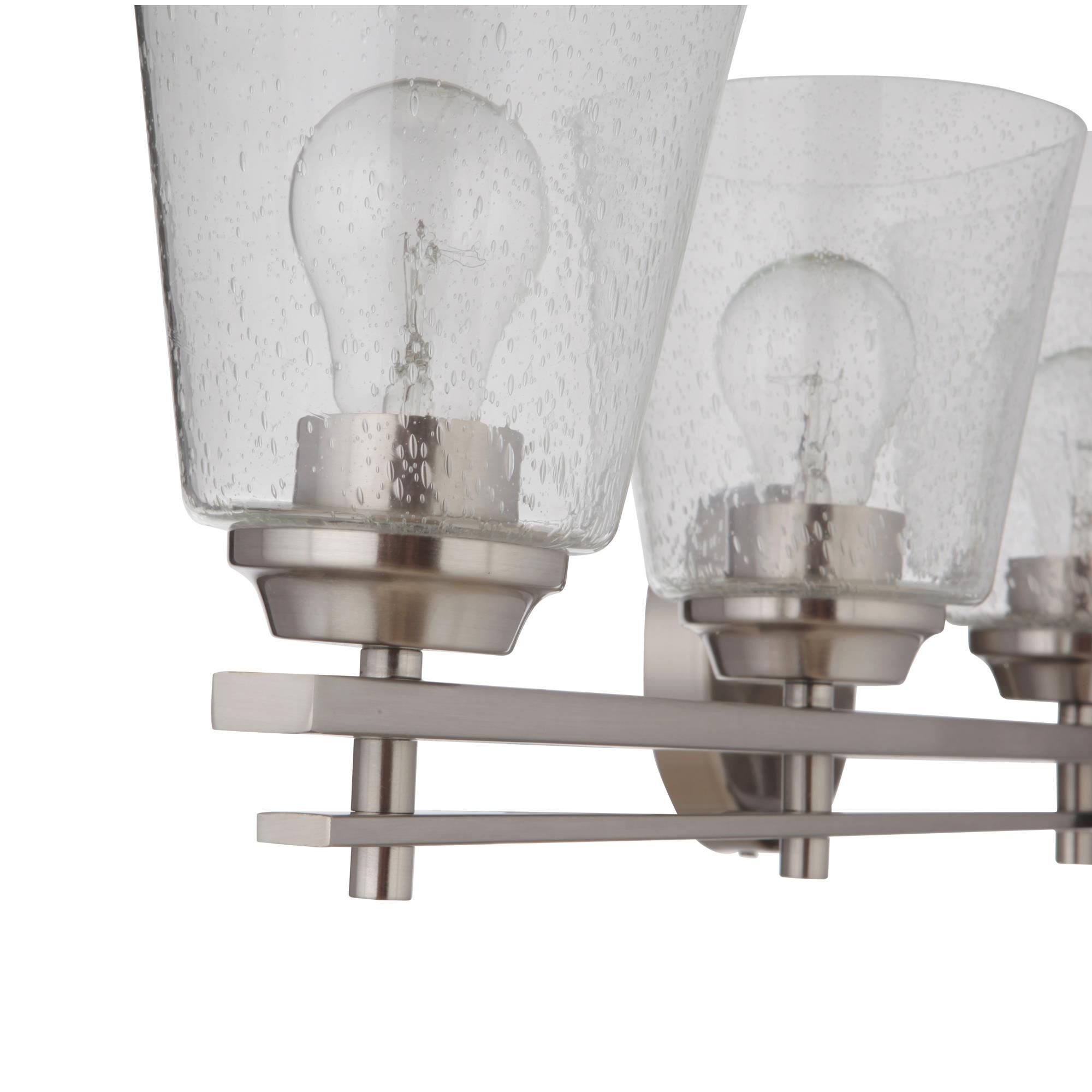 Shown in Brushed Polished Nickel finish and Clear Seeded glass and Glass shade