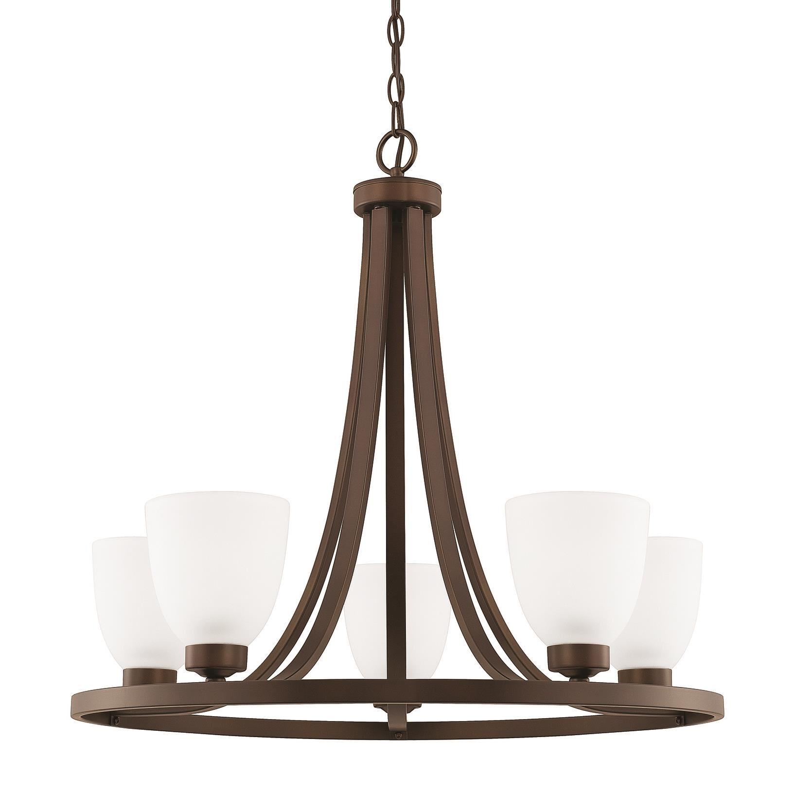 Shown in Bronze finish and Soft White glass