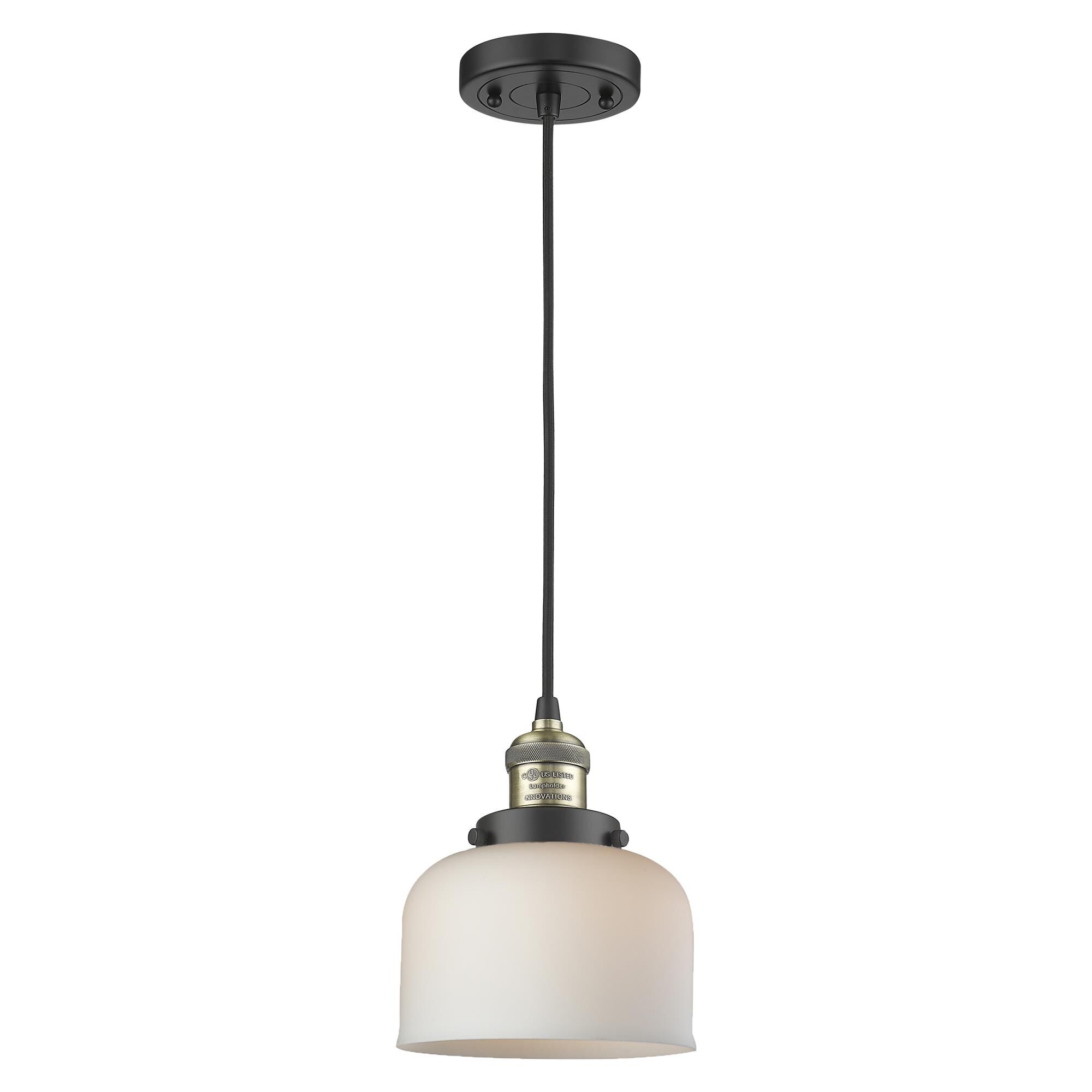 Shown in Black Antique Brass finish and Matte White Cased glass