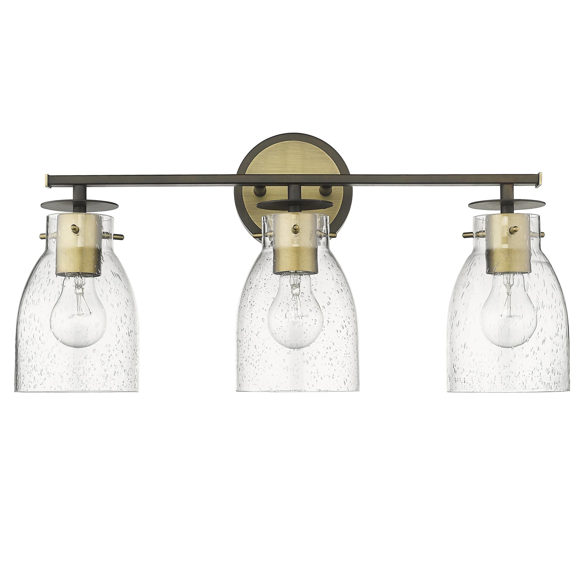 Shown in Oil Rubbed Bronze And Antique Brass finish and Clear Seedy Glass shade