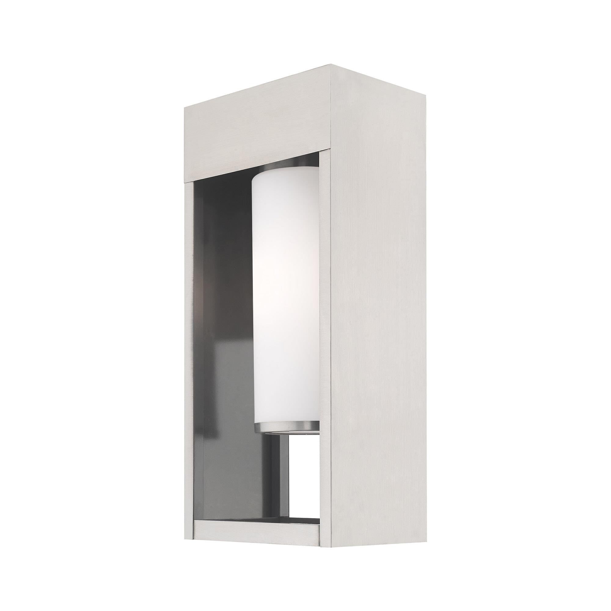 Shown in Brushed Nickel finish and Hand Blown Satin Opal White Cylinder glass