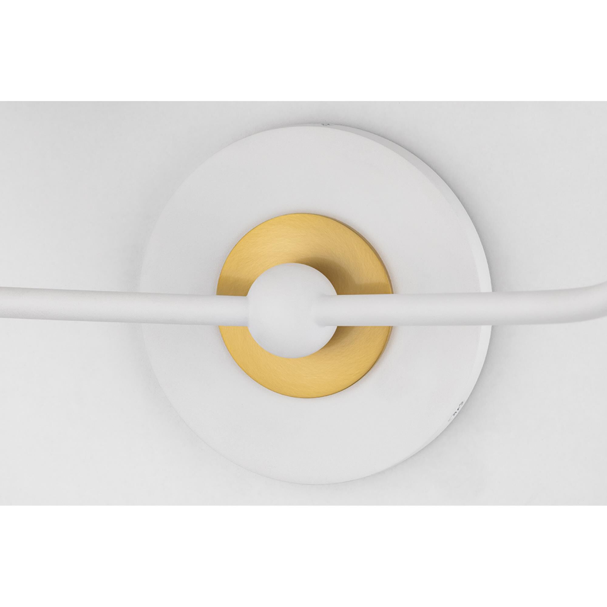 Shown in White finish and Off White Linen shade and Aged Brass accent