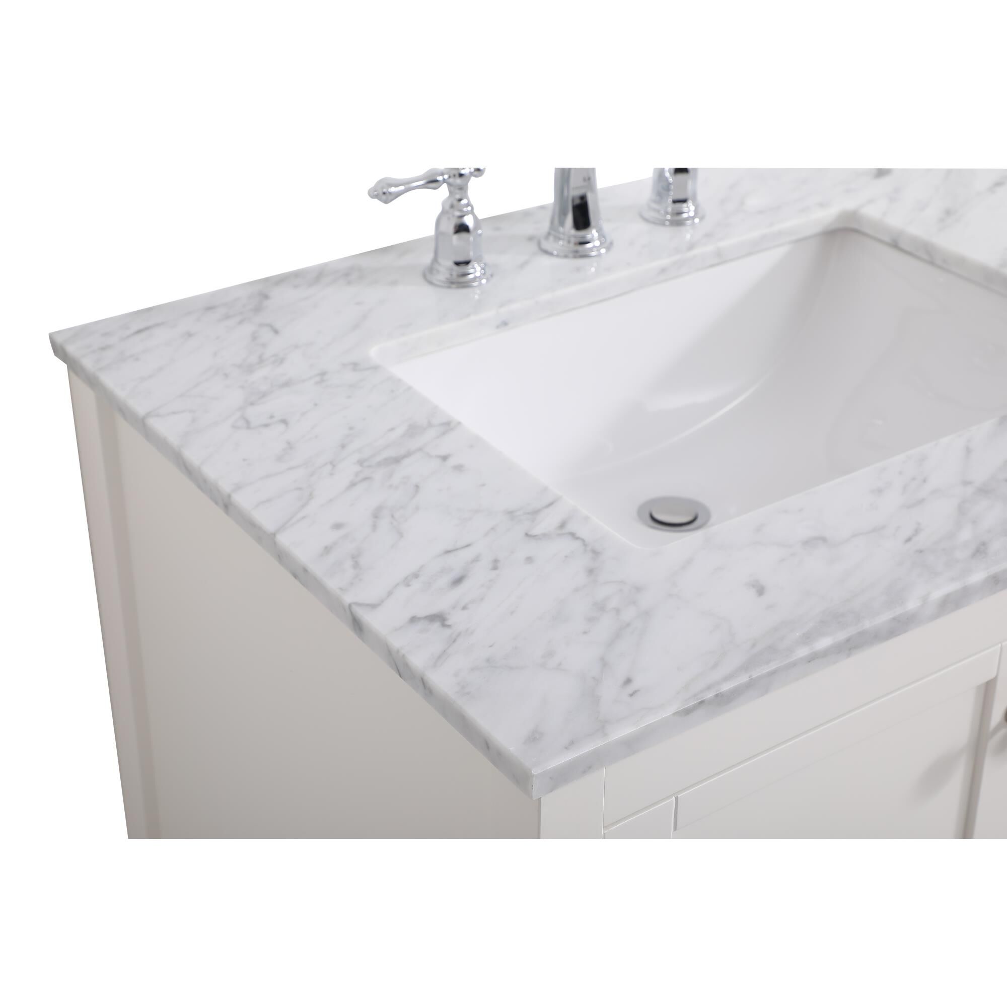 Shown in White And Brushed Nickel With Carrara White Marble finish