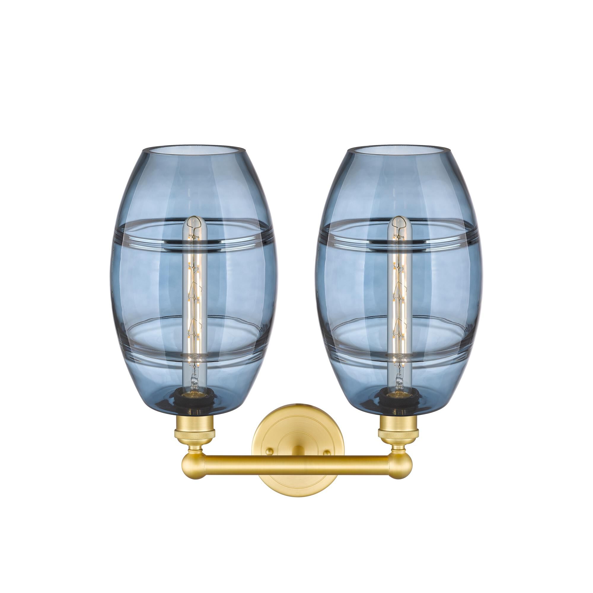 Shown in Satin Gold finish and Princess Blue glass