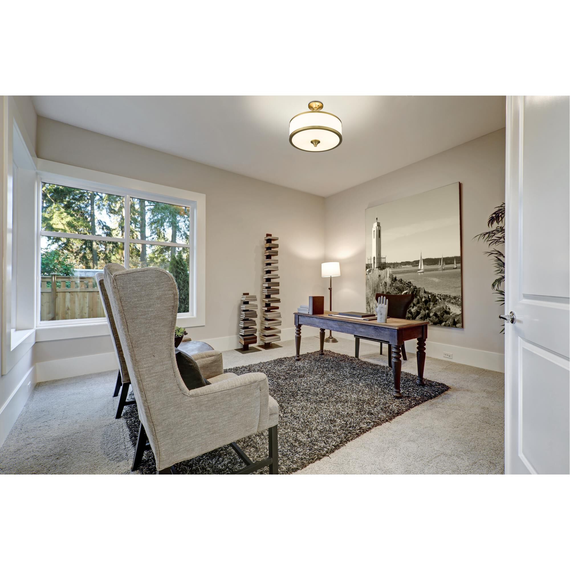 Shown in Heritage Brass finish and Etched White glass and No Shade shade