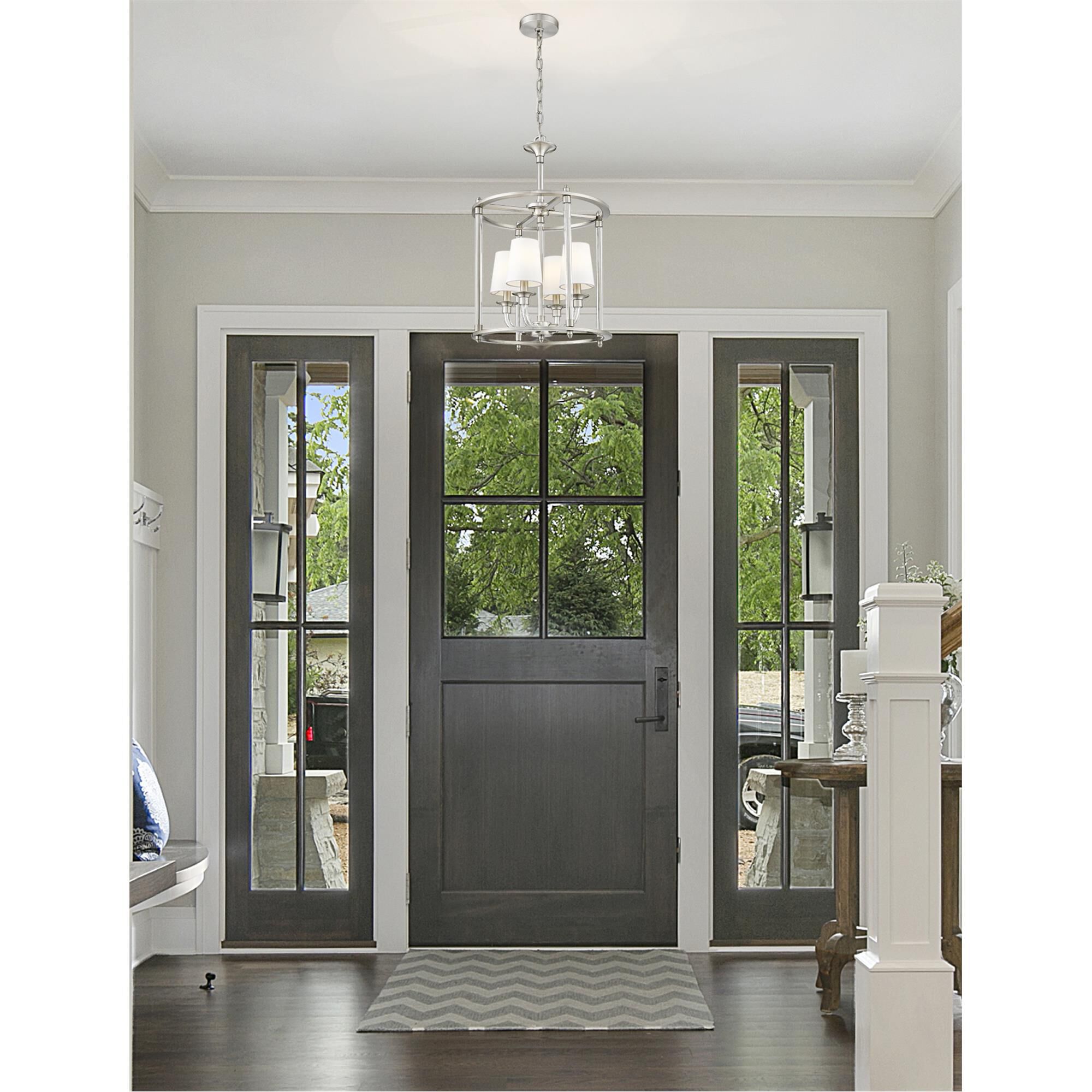 Shown in Brushed Nickel finish and White glass and White shade