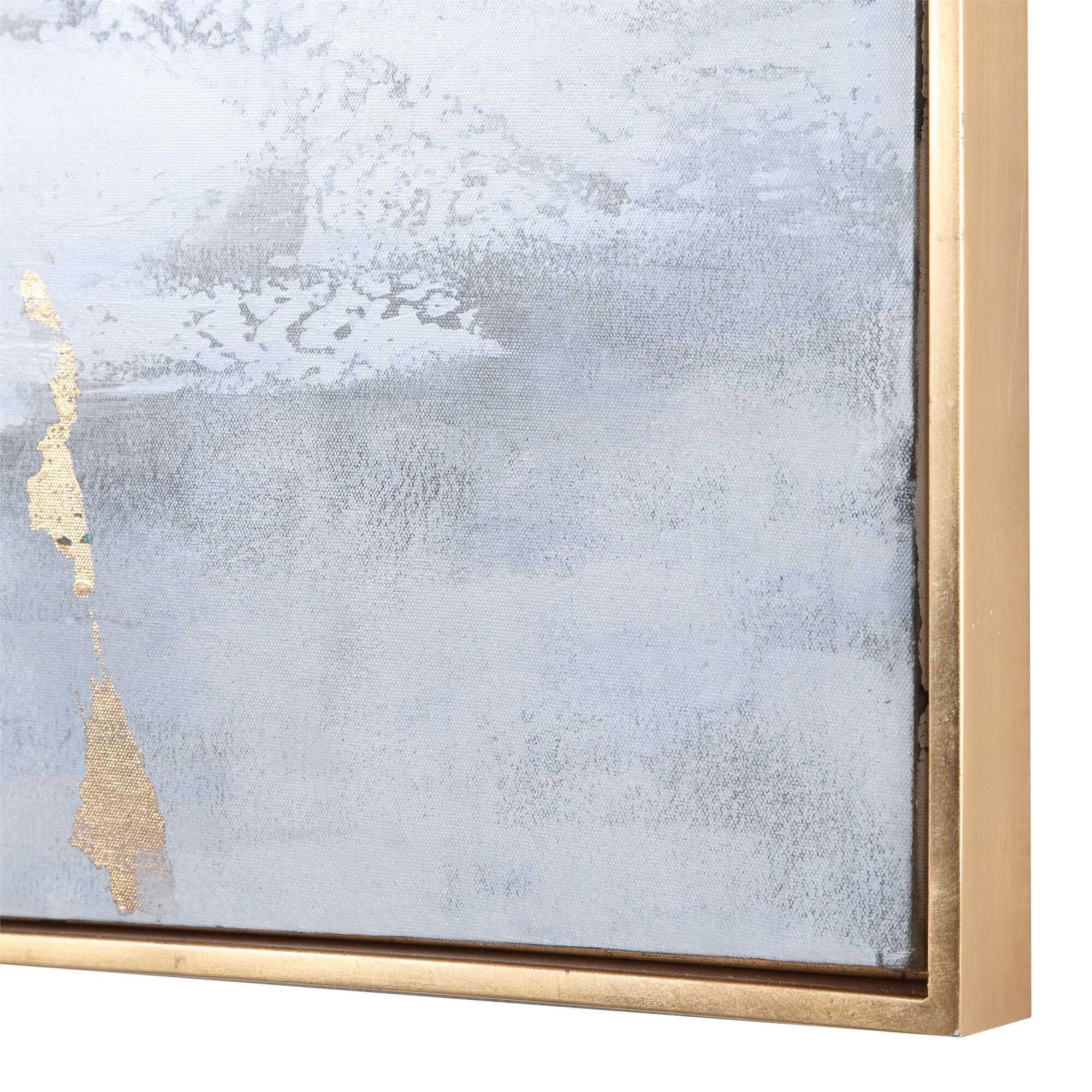 Shown in Antique Gold Leaf Gallery Frame, Hand Painted, Abstract, Light Gray, Charcoal, Gold Leaf, White finish