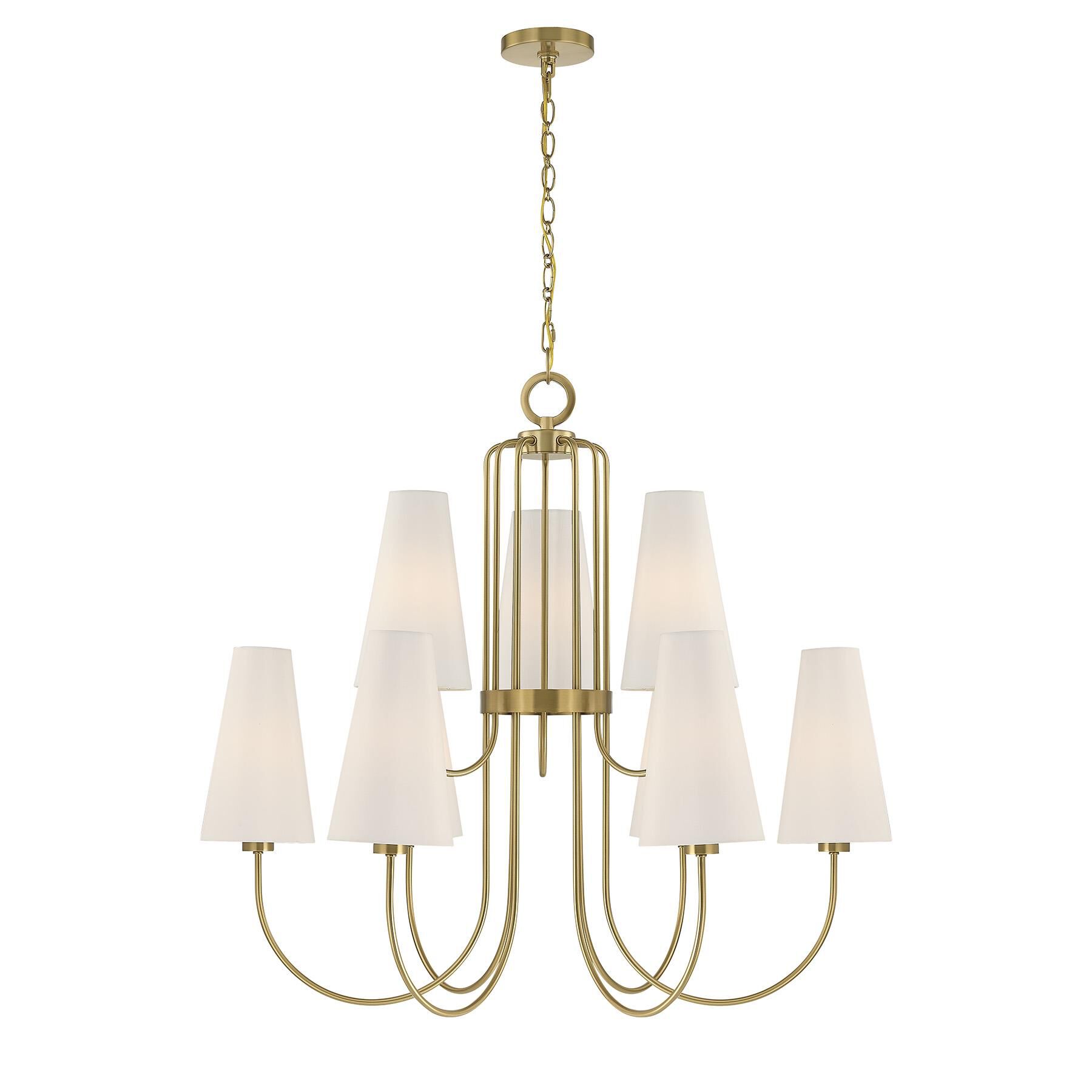 Shown in Warm Brass finish and White Fabric shade