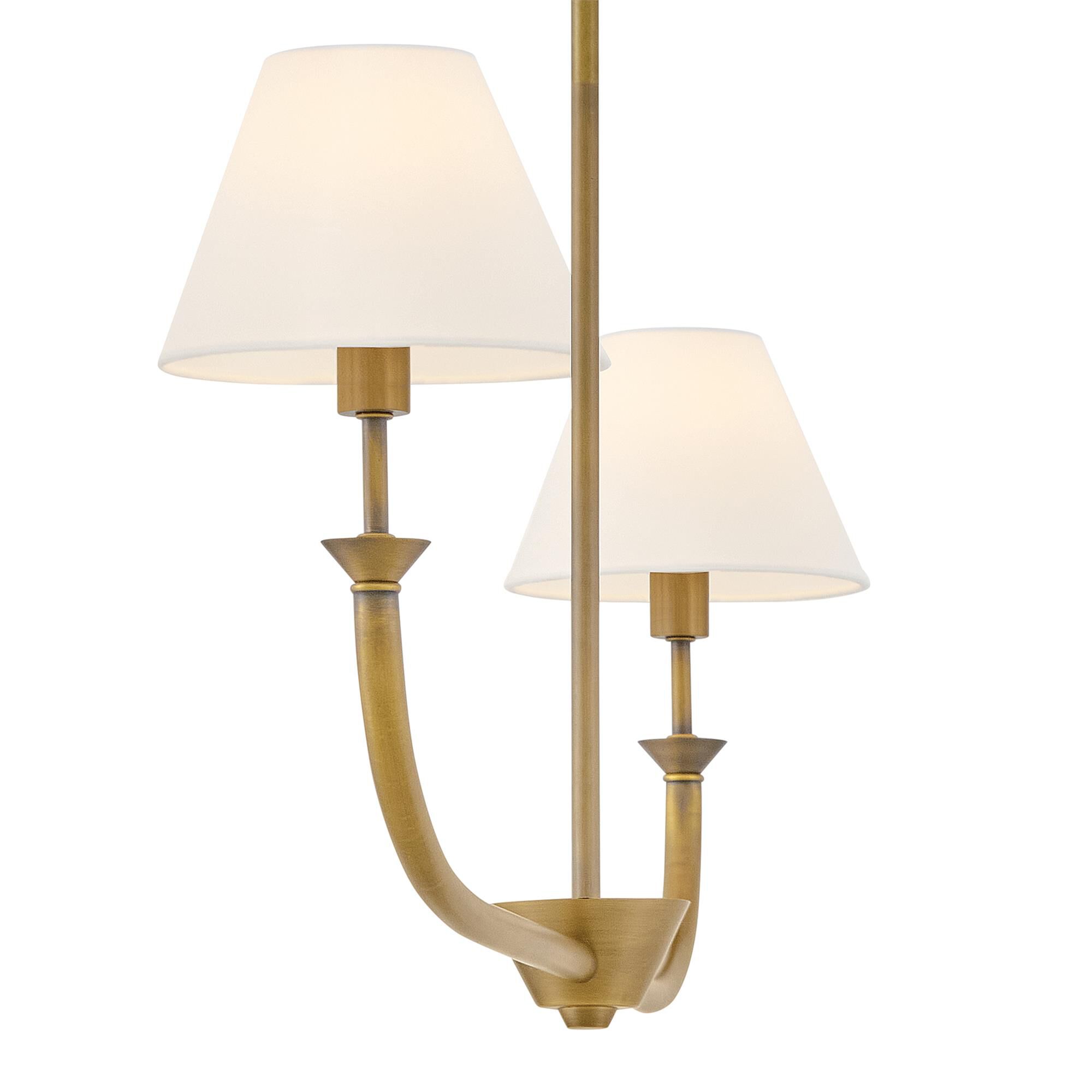 Shown in Heritage Brass finish and Off-White Linen shade