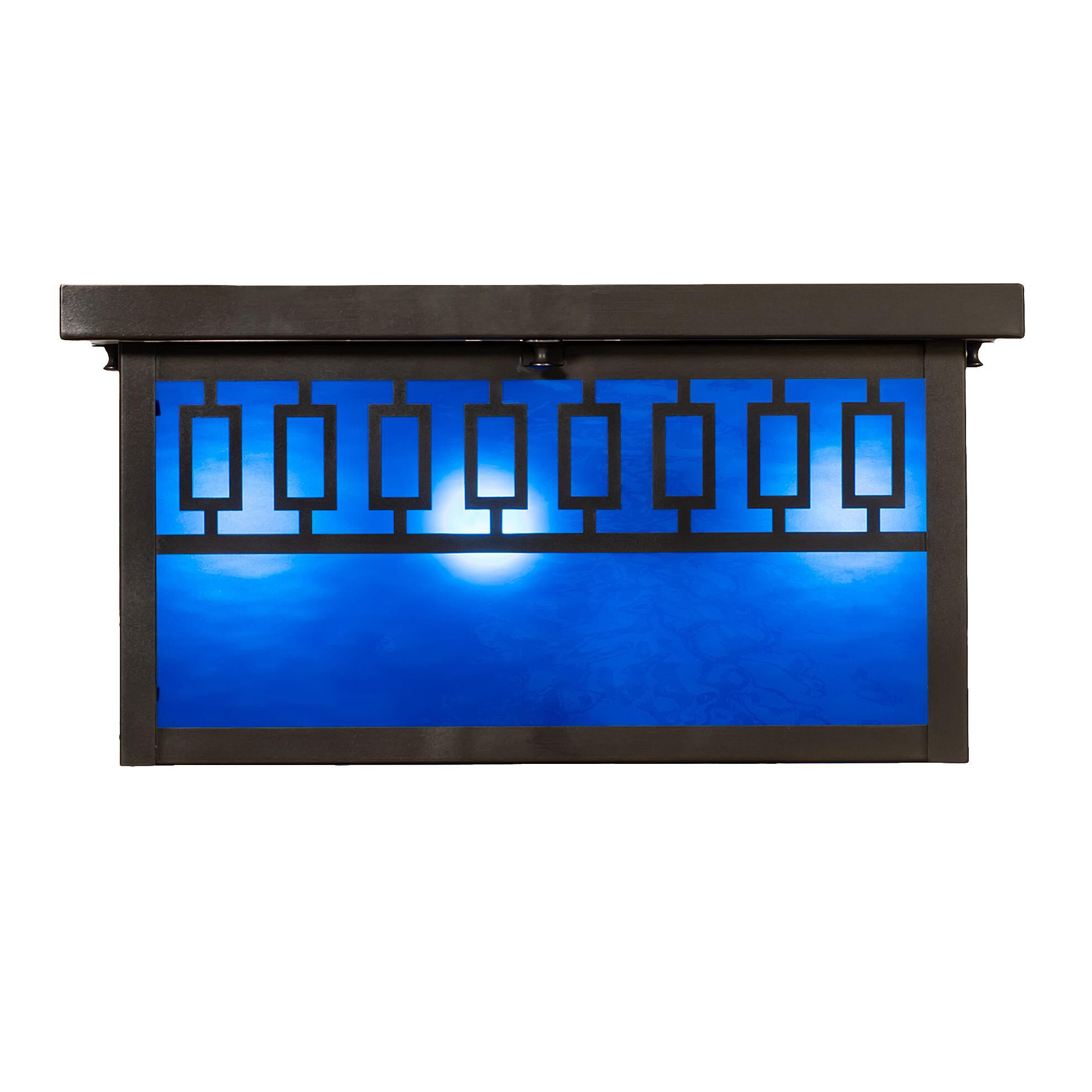 Shown in Craftsman Brown Finish finish and Blue;White glass