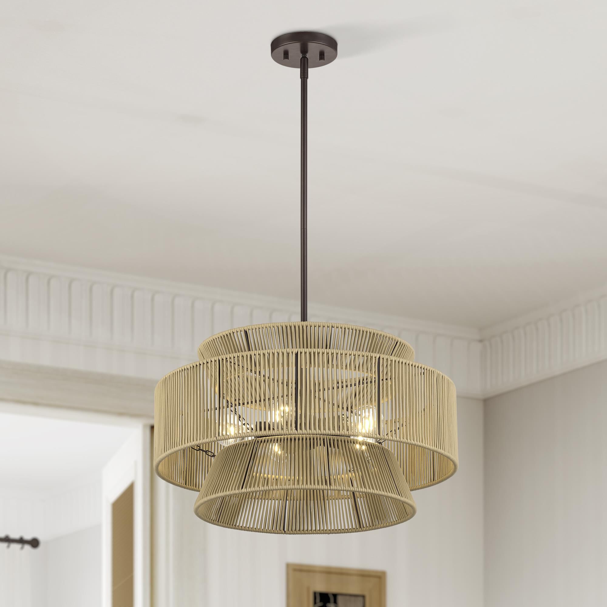 Shown in English Bronze finish and Hand-Woven Venetian Gold Color Polyester Rope shade