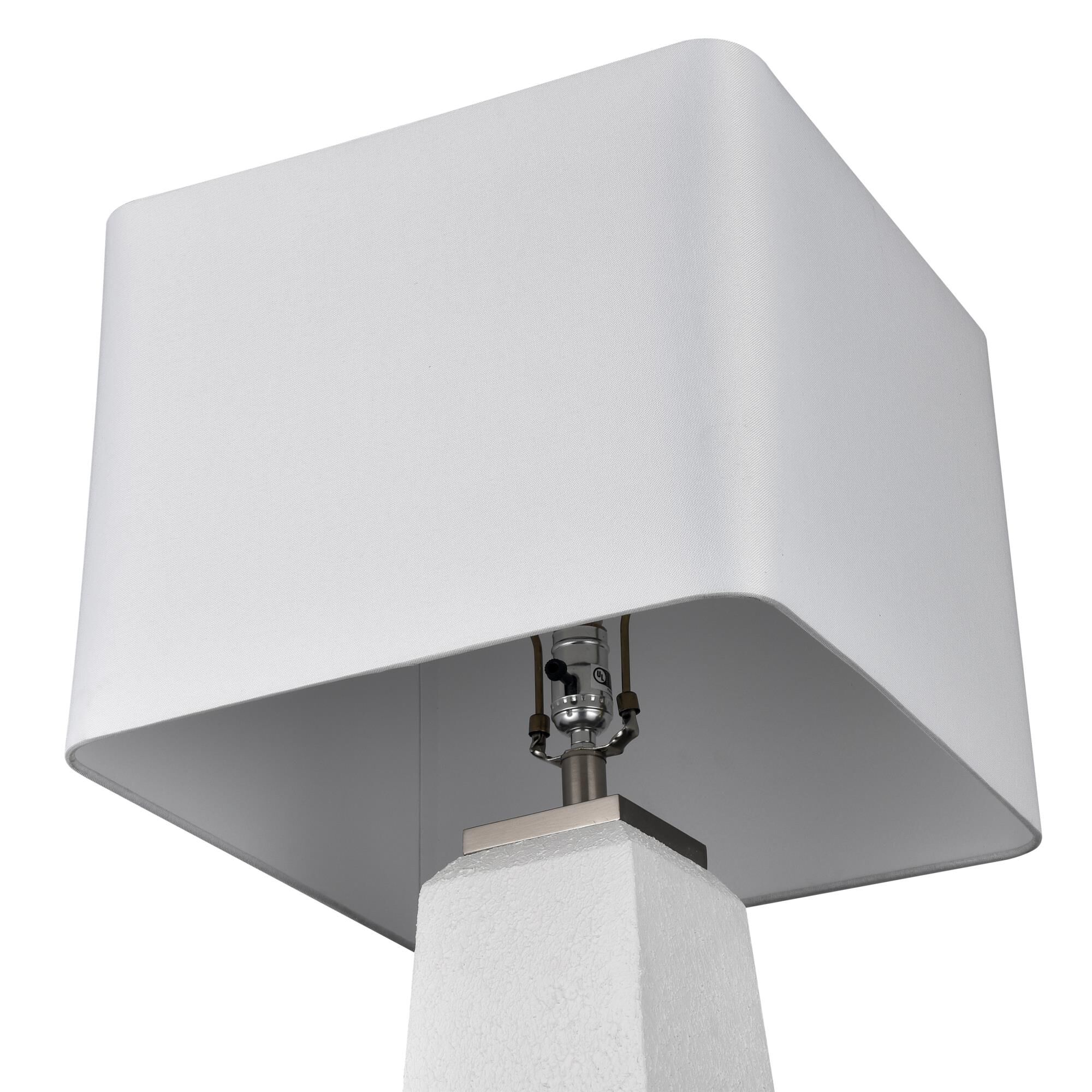 Shown in Dry White finish and White Linen Square Fabric Hardback shade