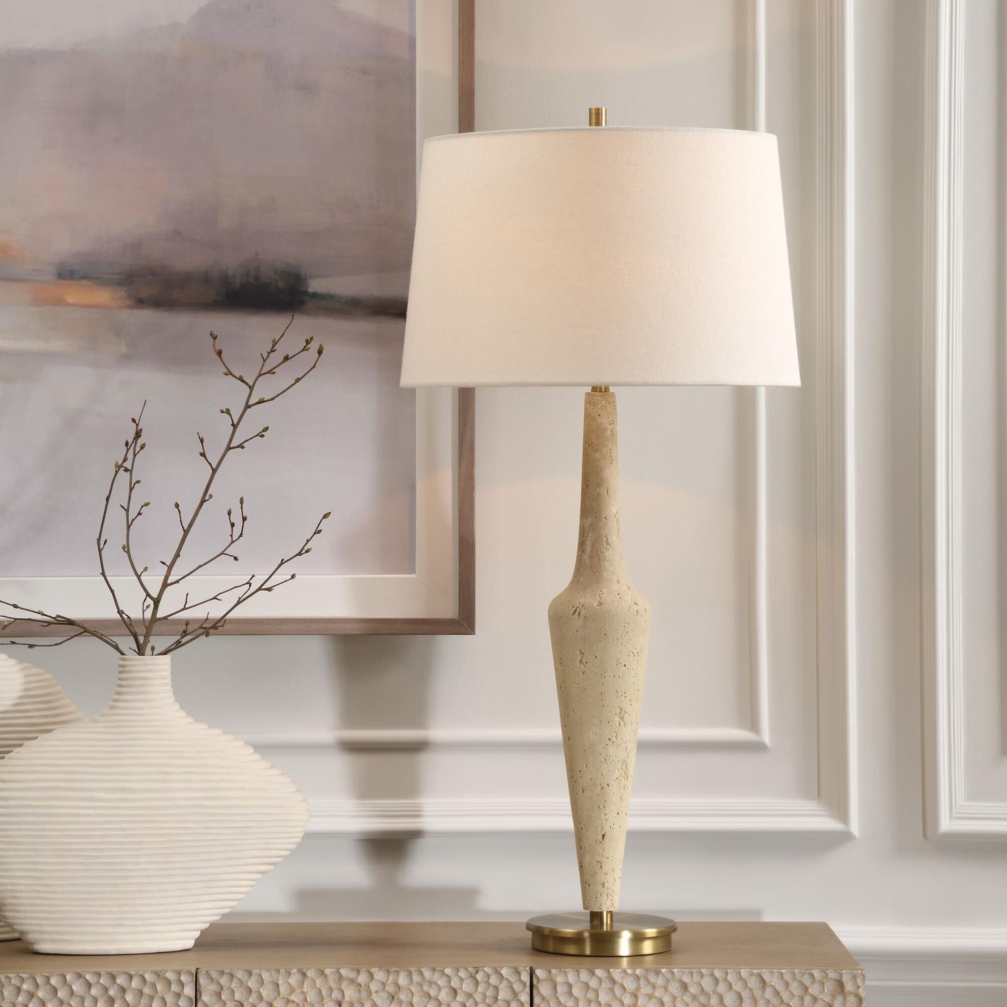 Shown in Crafted From Faux Travertine With Organic Texture, This Lamp Exudes Timeless Charm And Sophisticatio finish and Round Hardback shade