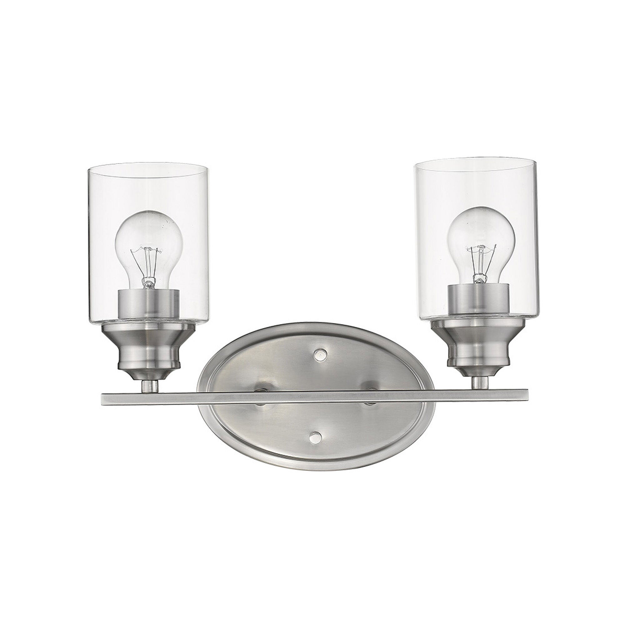Shown in Satin Nickel finish and Clear glass and Clear, Cylindrical Glass s shade