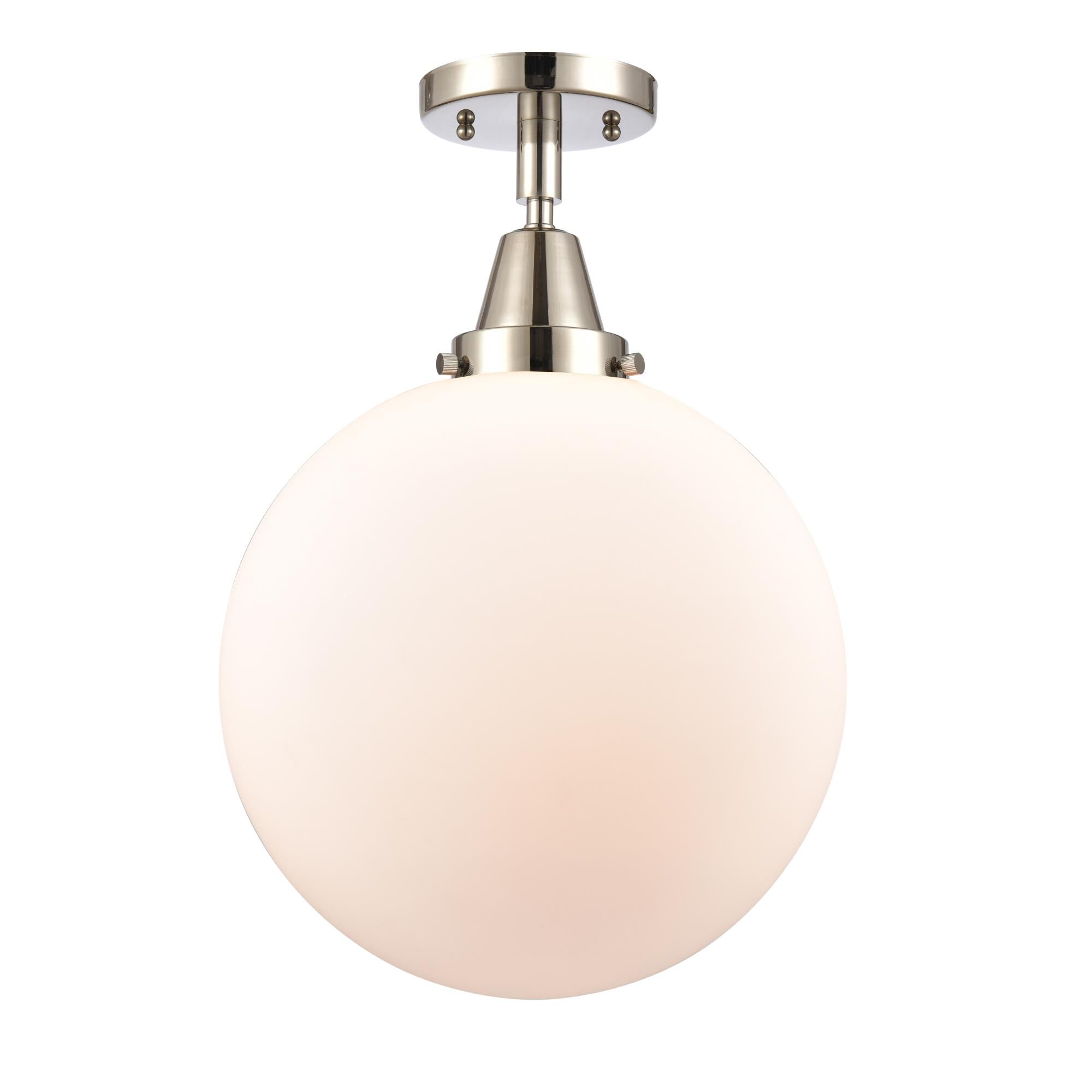 Shown in Polished Nickel finish and Matte White Cased Beacon glass