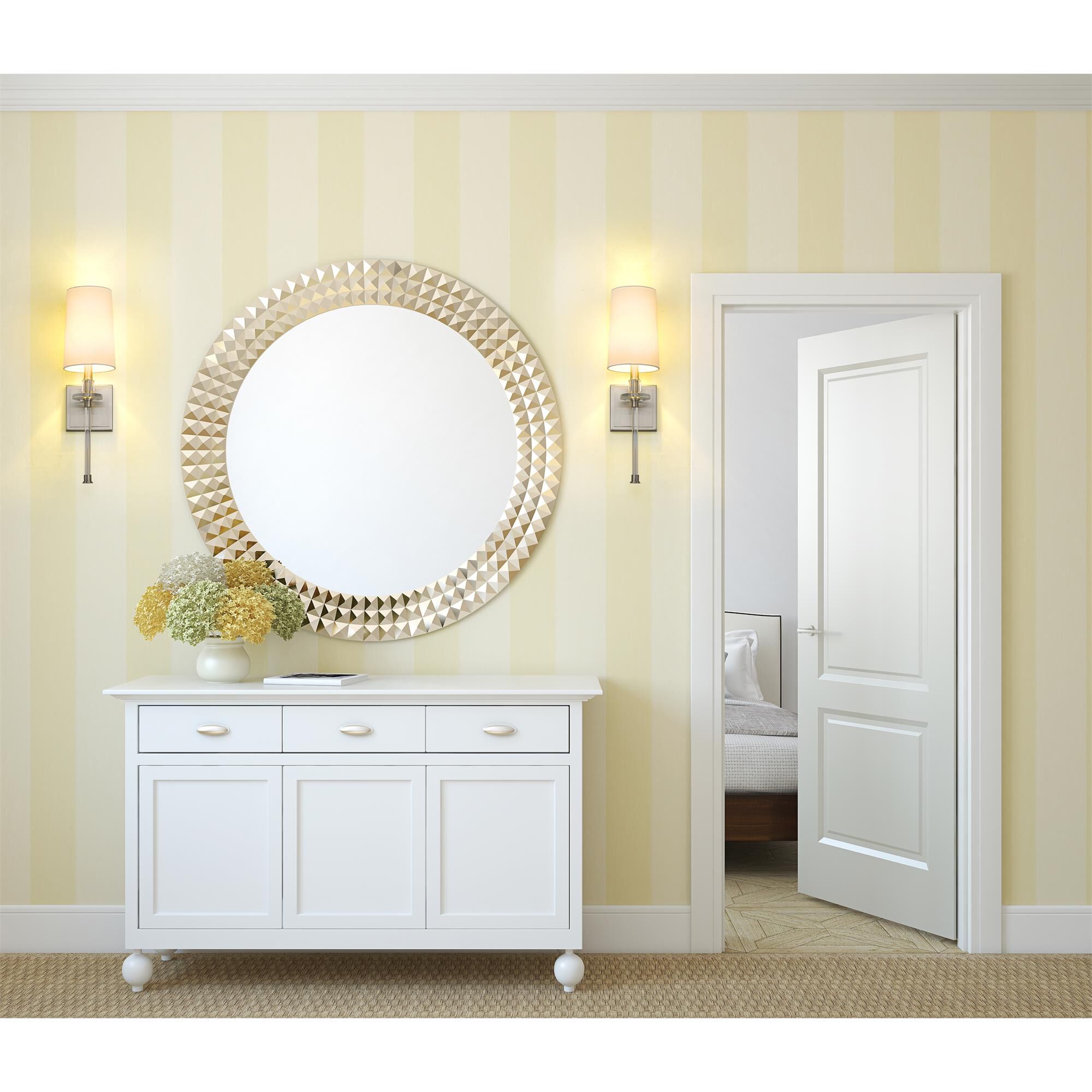 Shown in Brushed Nickel finish and Fabric glass and Fabric shade