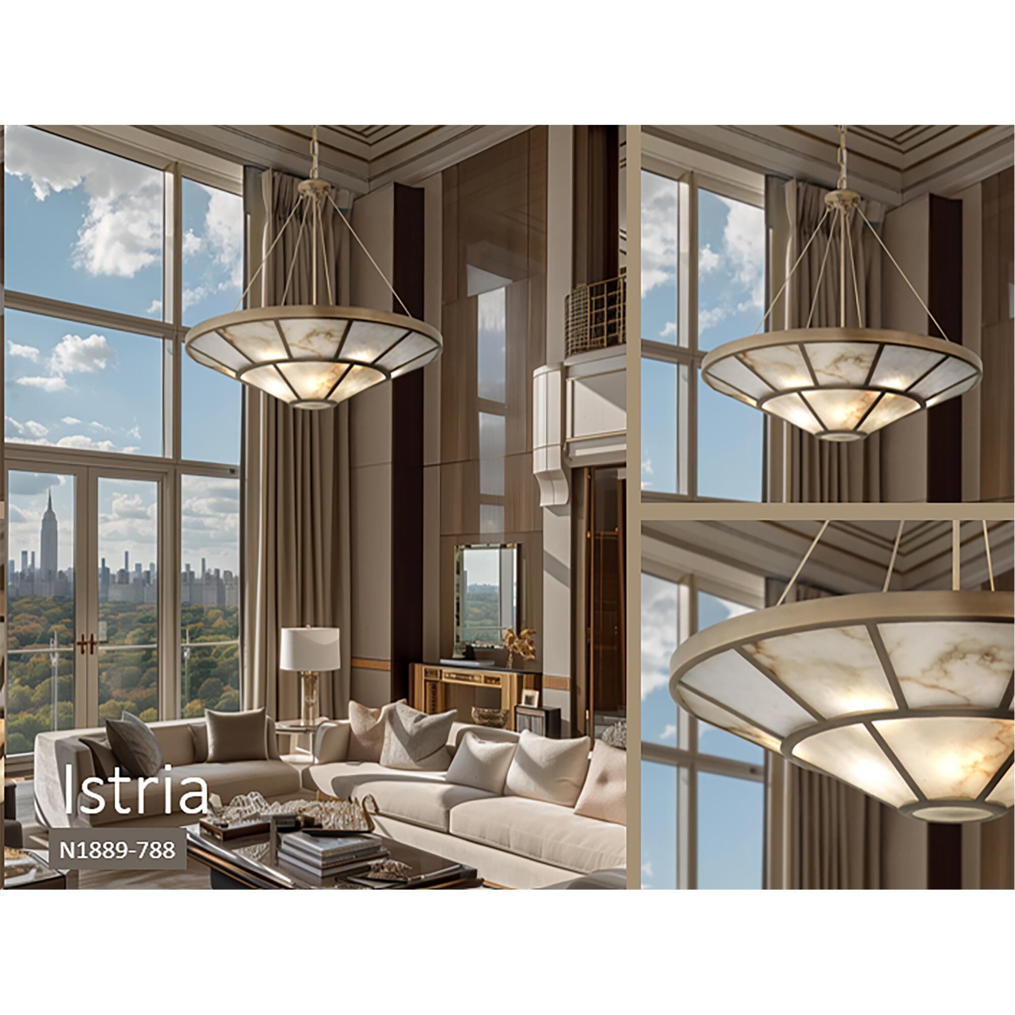 Shown in Ashen Gold finish and Alabaster White glass