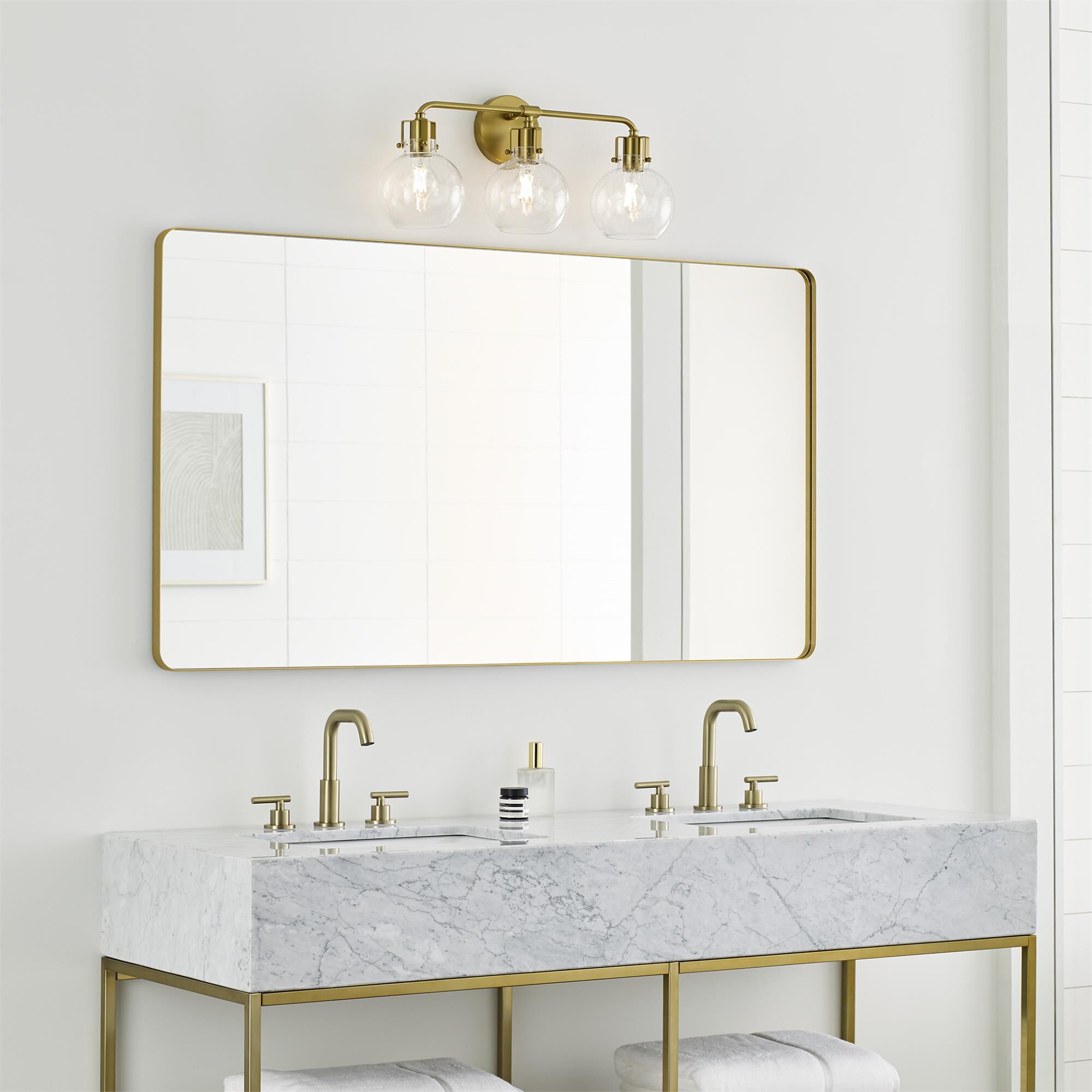 Shown in Burnished Brass finish and Clear Seeded glass