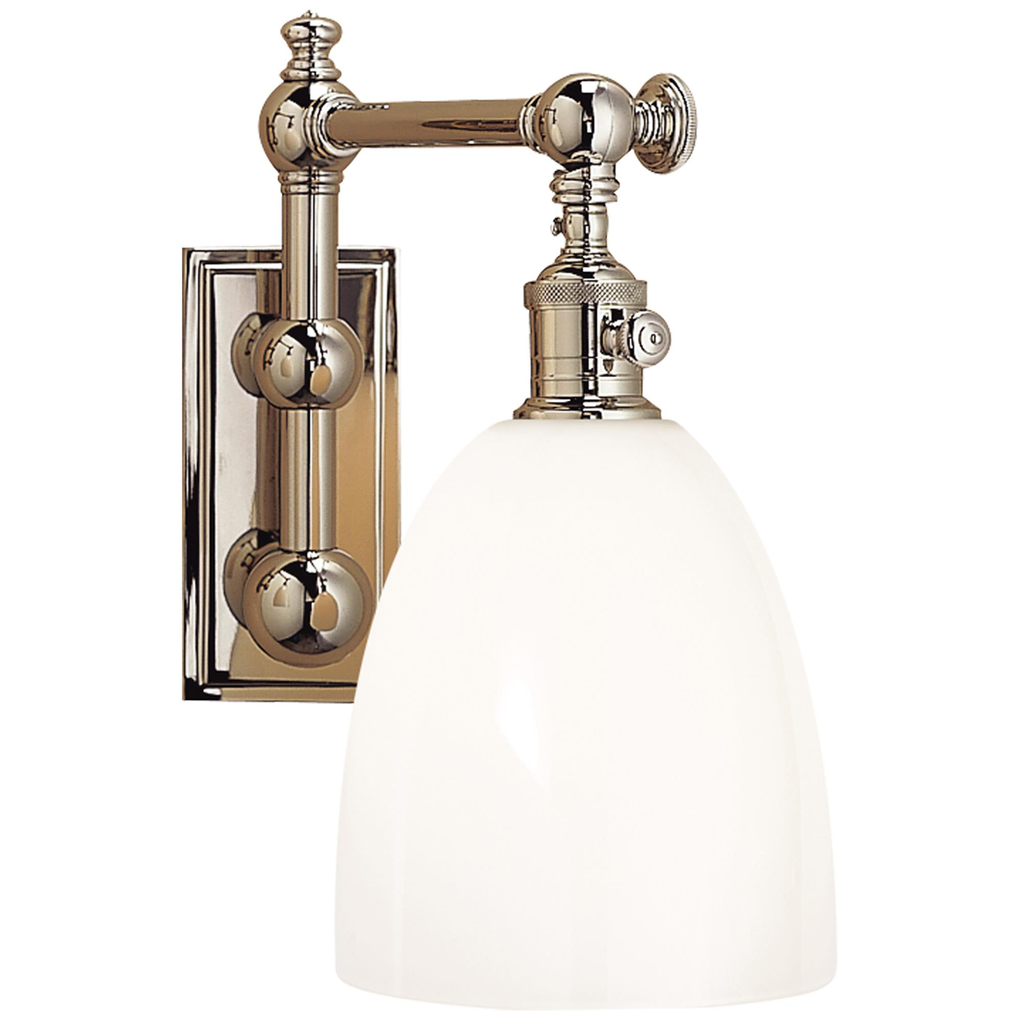 Shown in Polished Nickel finish and White glass