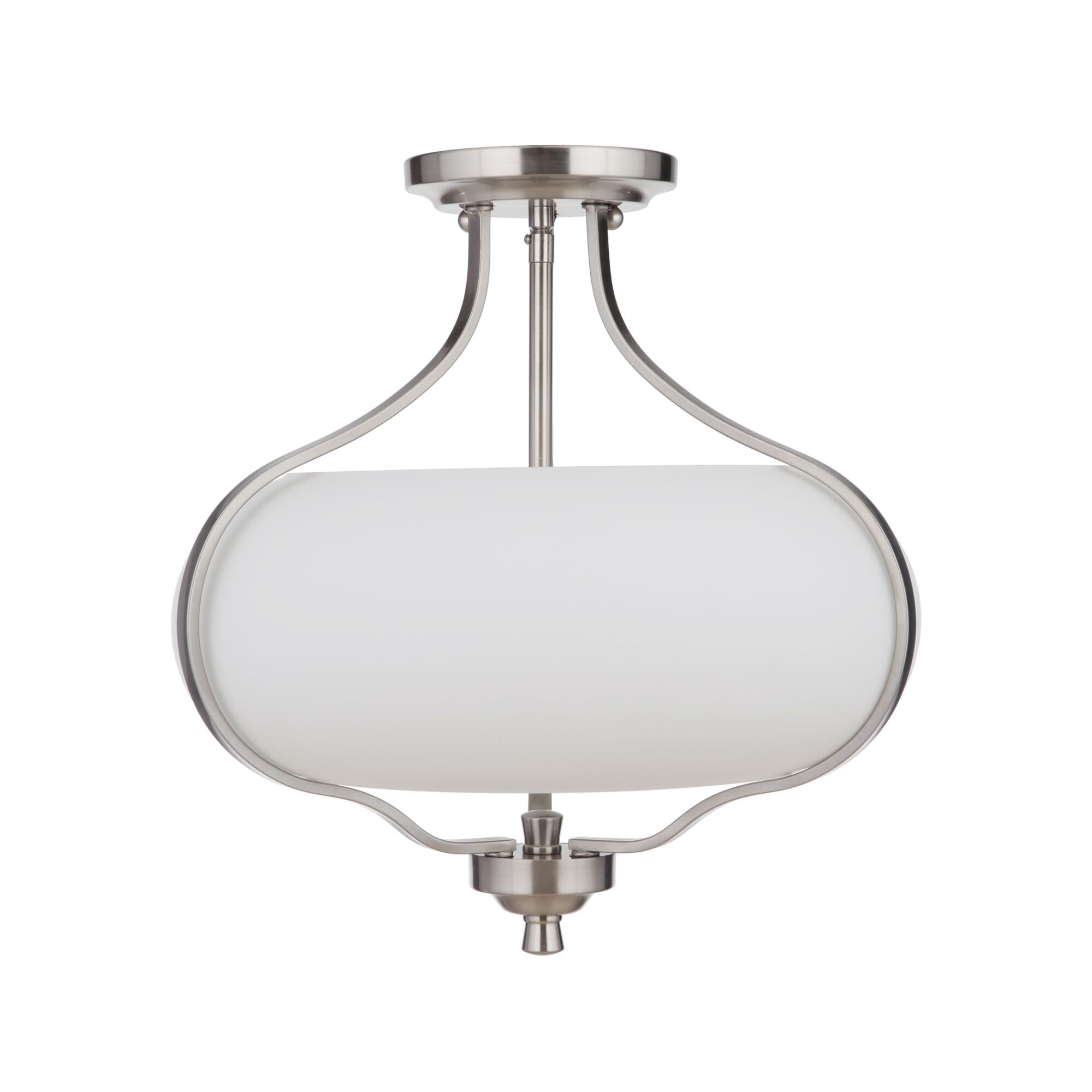 Shown in Brushed Polished Nickel finish and White Frosted glass and Glass shade