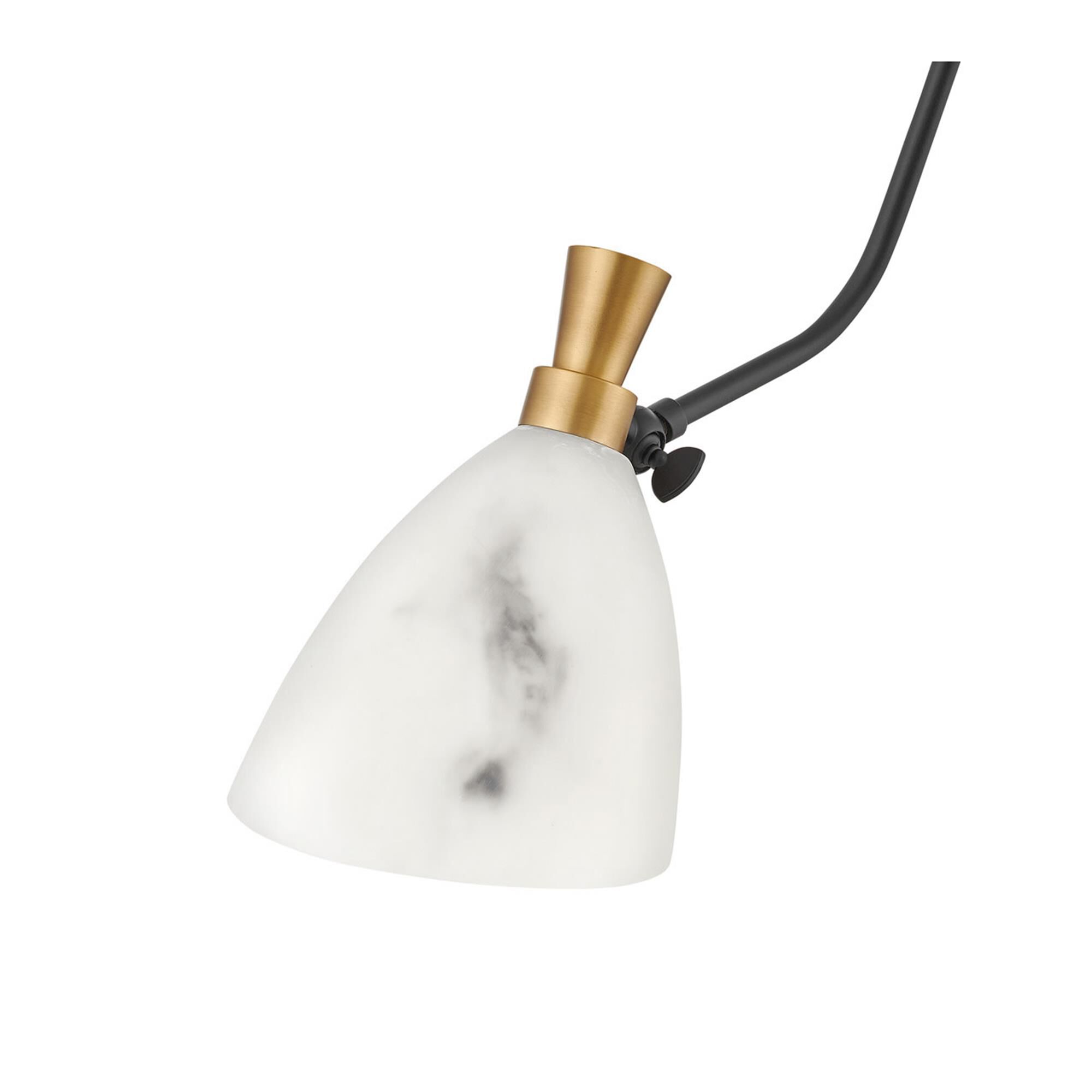 Shown in Heritage Brass finish and Faux Alabaster glass and Black accent