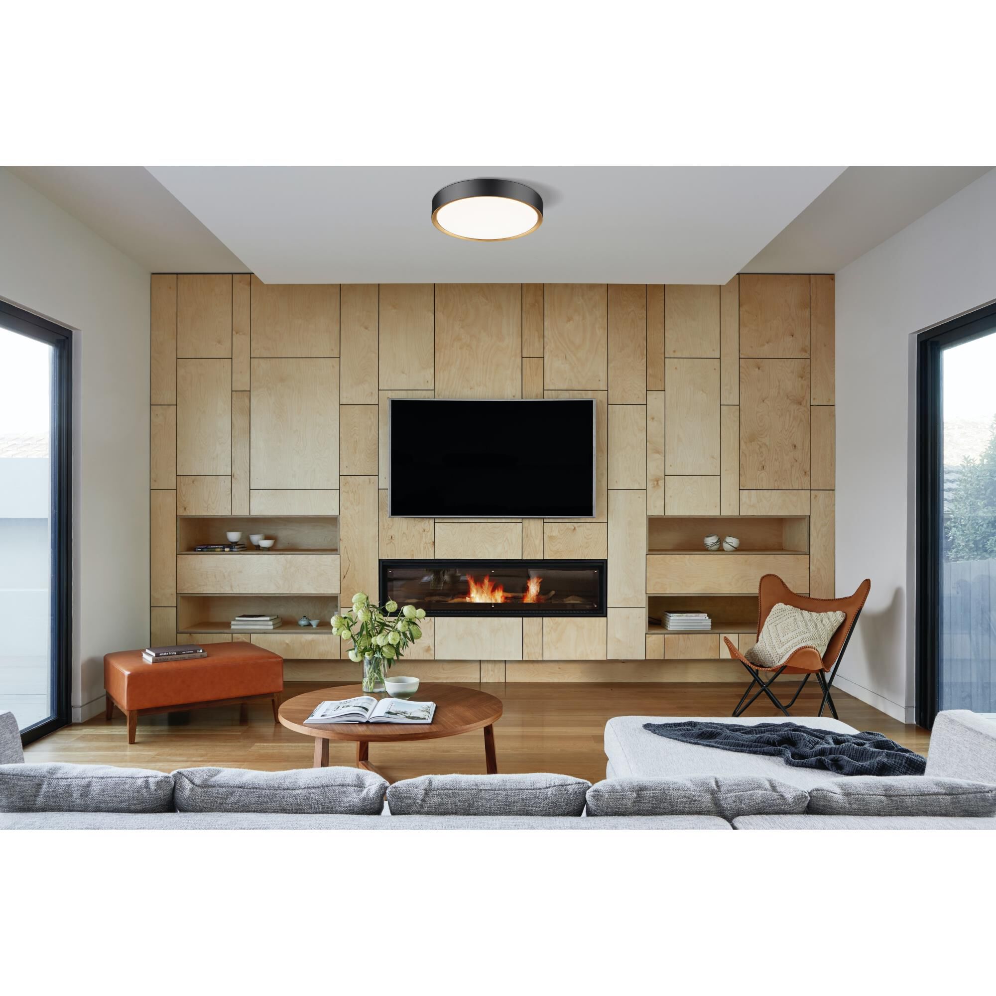 Shown in Matte Black And Modern Gold finish and Frosted glass and Frosted shade