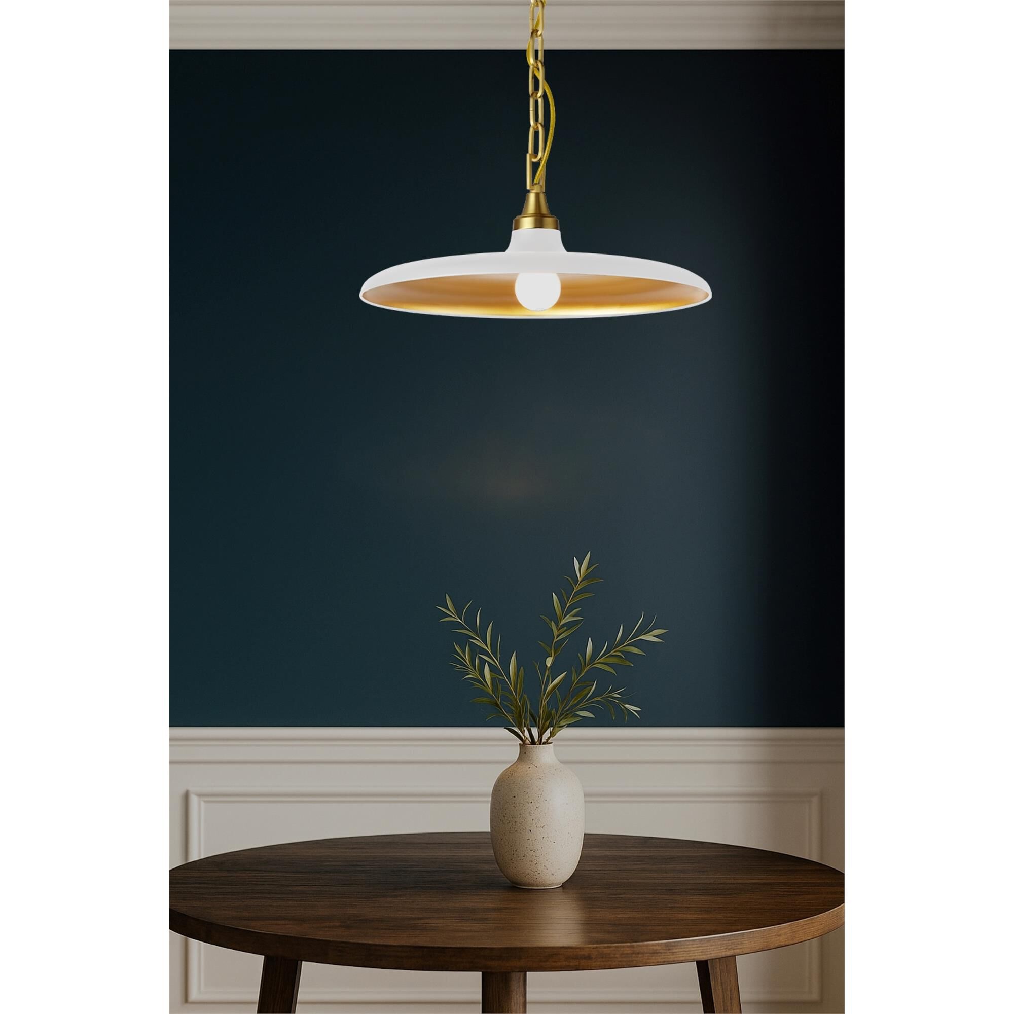Shown in Matte White and Aged Brass finish and Matte Black Metal Schoolhouse shade