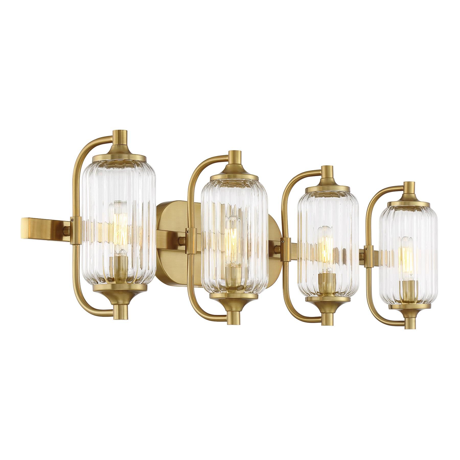 Shown in Warm Brass finish and Clear Ribbed glass