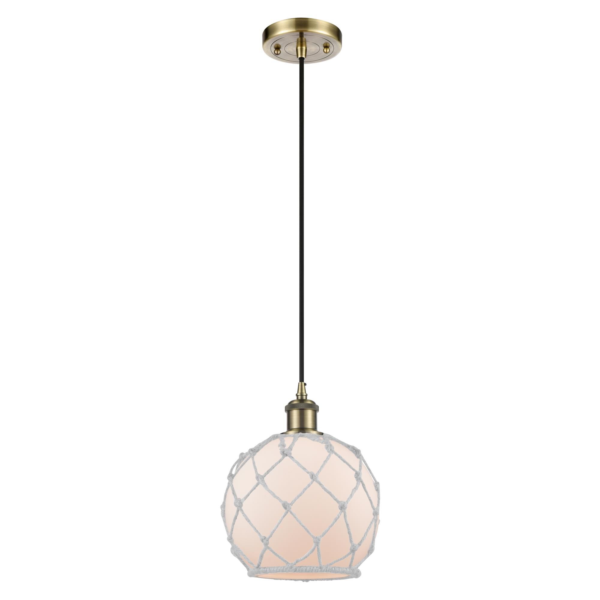 Shown in Antique Brass finish and White with White Rope glass