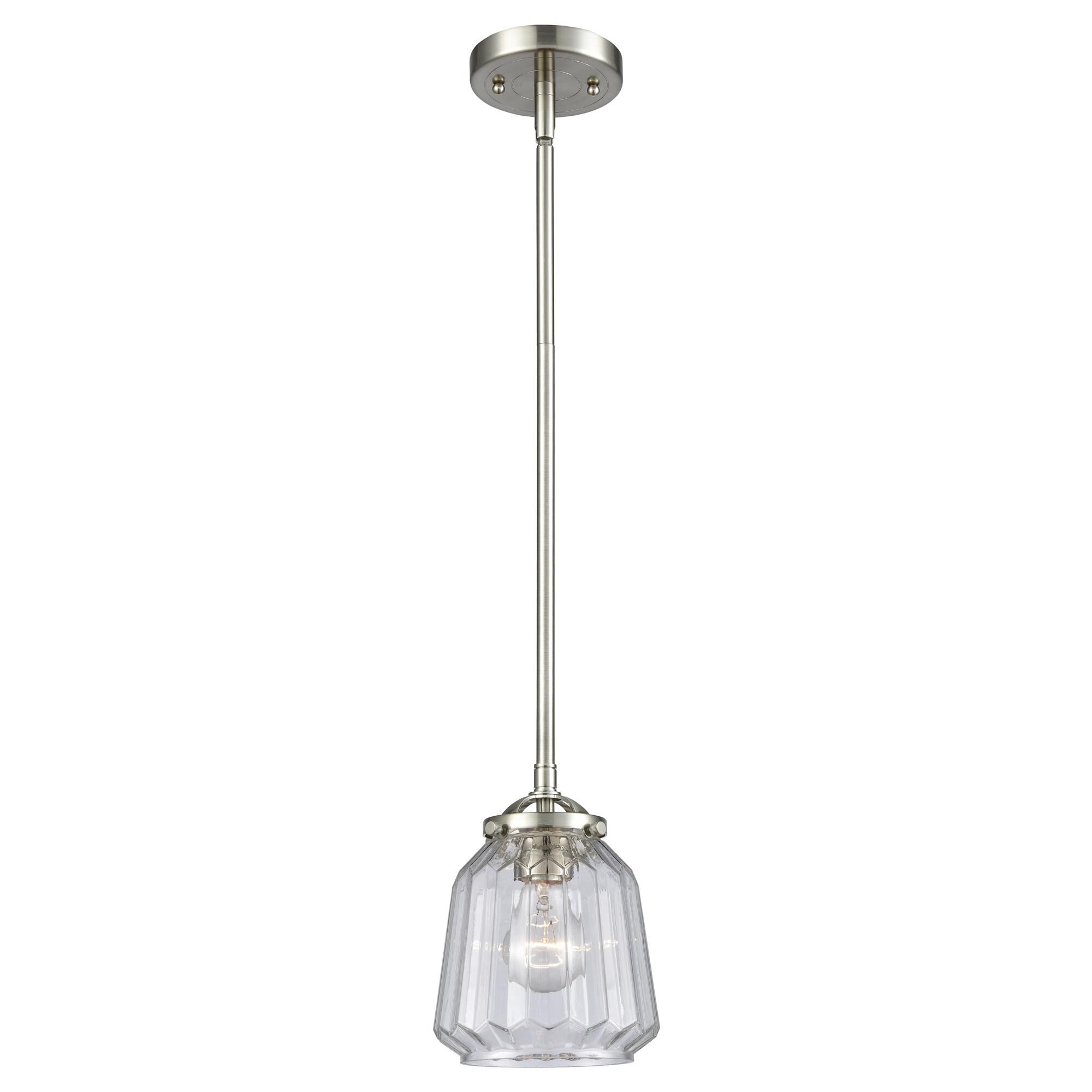 Shown in Brushed Satin Nickel finish and Clear glass