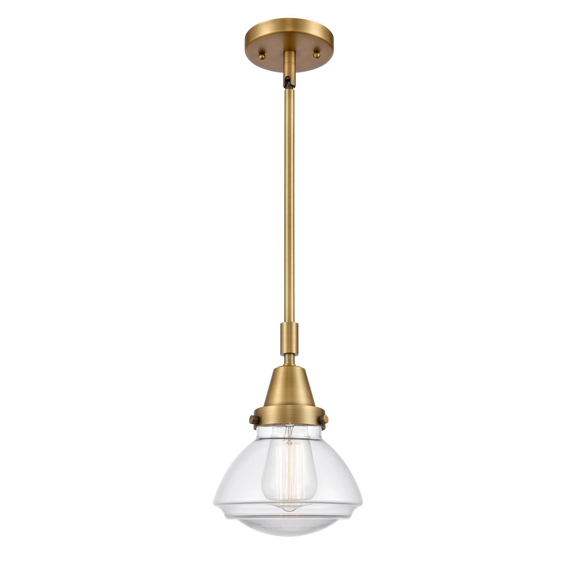 Shown in Brushed Brass finish and Clear Olean glass and No Shade shade