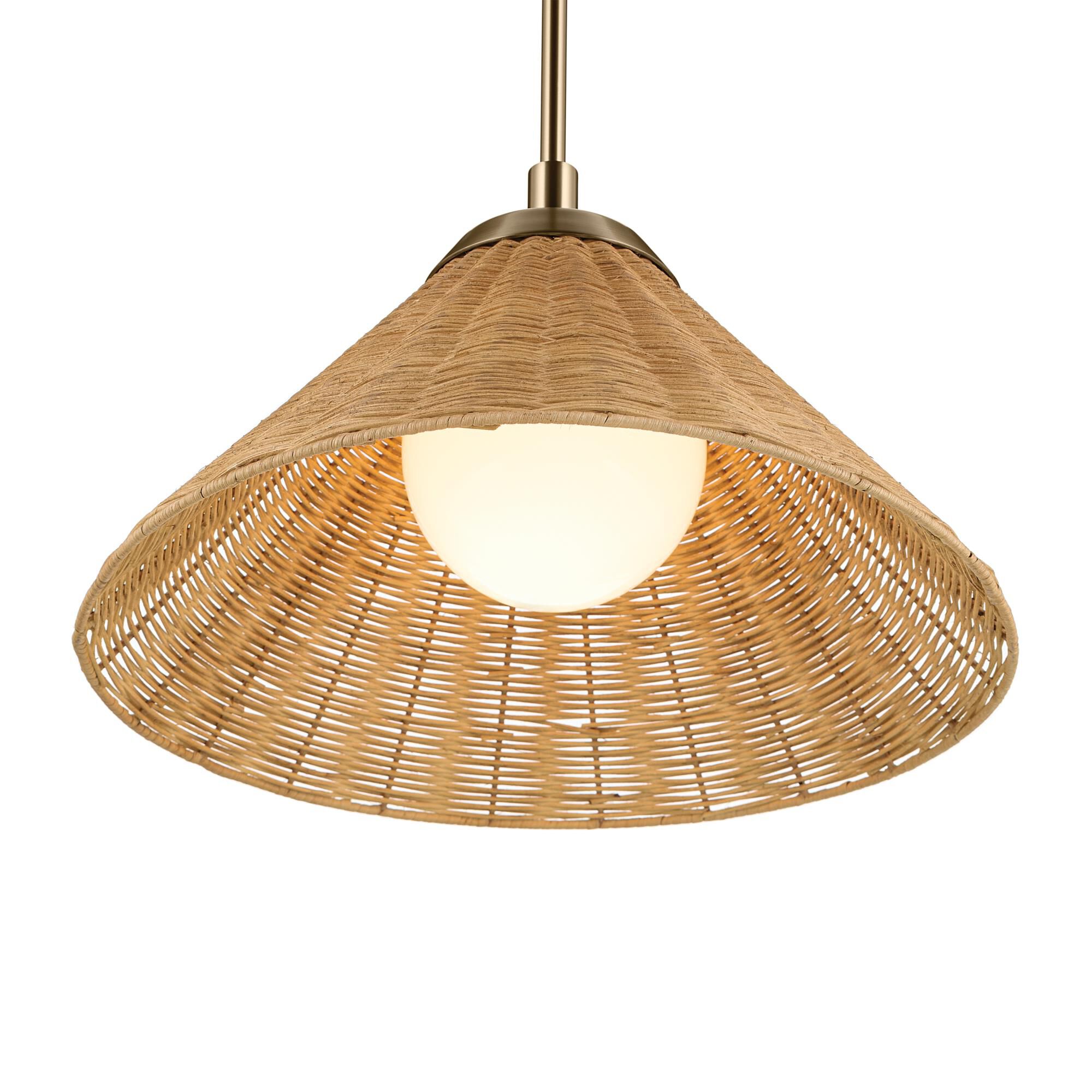 Shown in Champagne Bronze finish and Opal glass and Rattan Textured shade