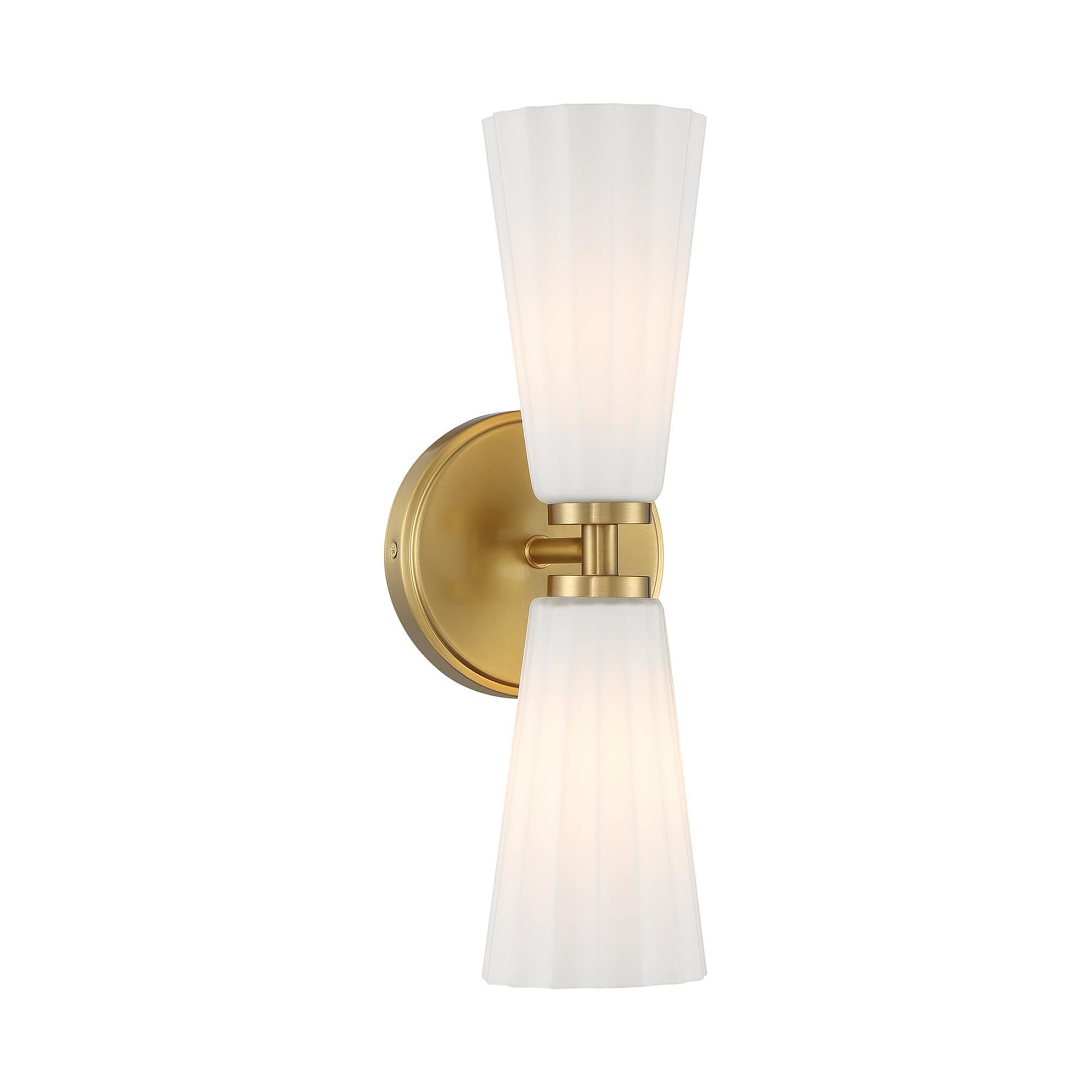 Shown in Natural Brass finish and White Fluted glass