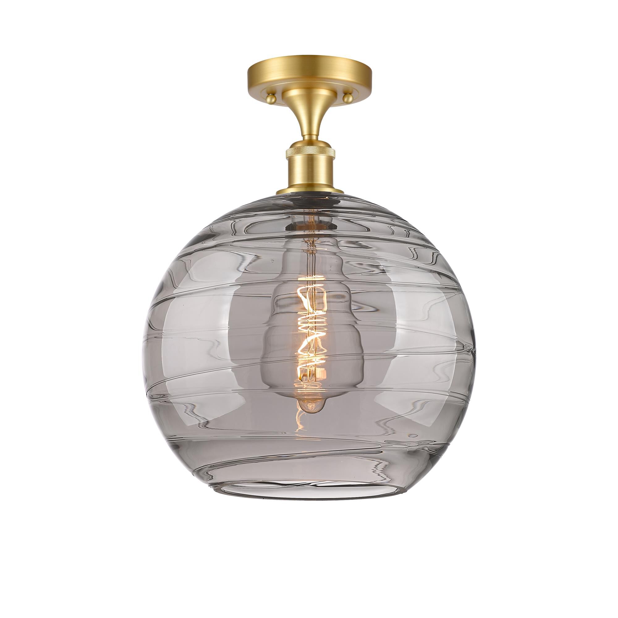Shown in Satin Gold finish and Light Smoke Deco Swirl glass