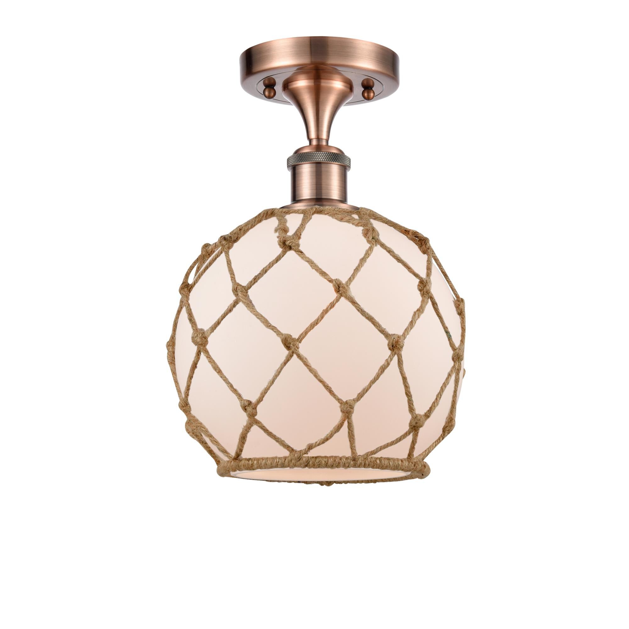 Shown in Antique Copper finish and Sphere glass and Glass And Rope shade