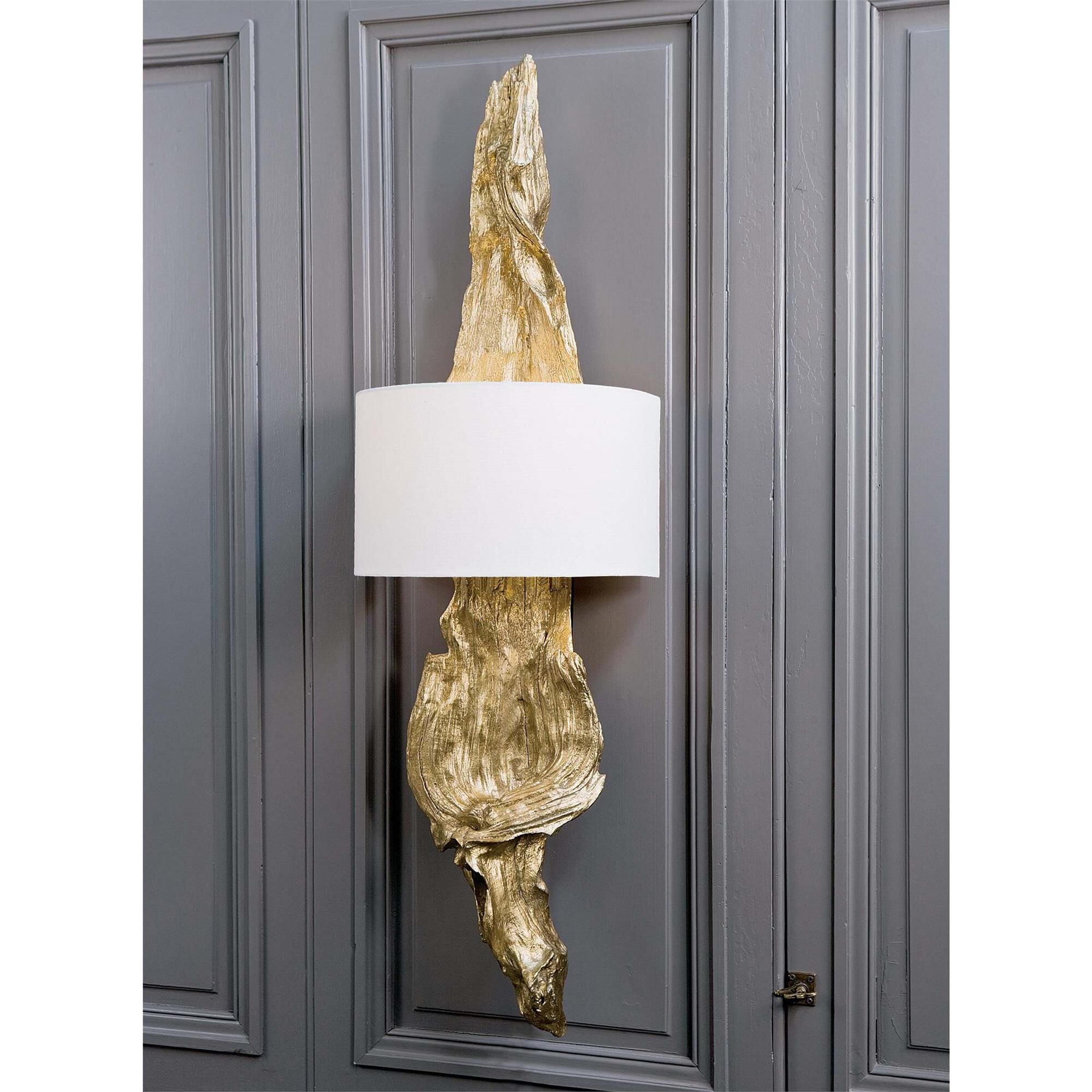 Shown in Antique Gold Leaf finish and Linen shade