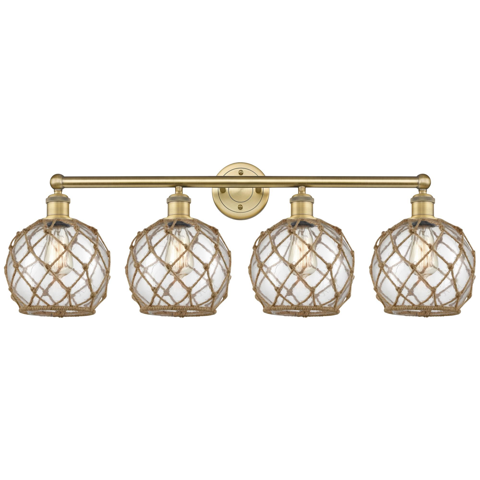 Shown in Brushed Brass finish and Clear with Brown Rope glass