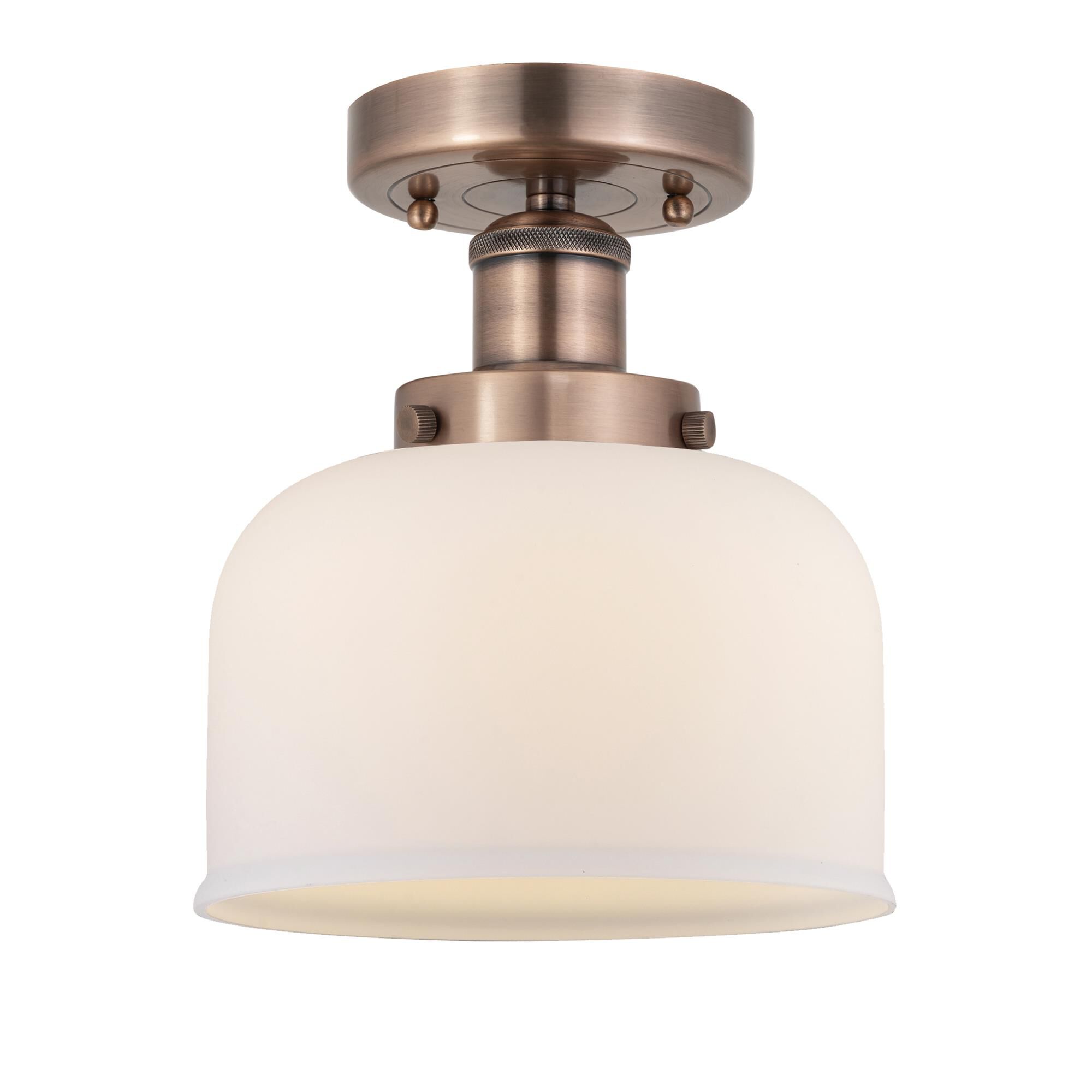 Shown in Antique Copper finish and Matte White glass