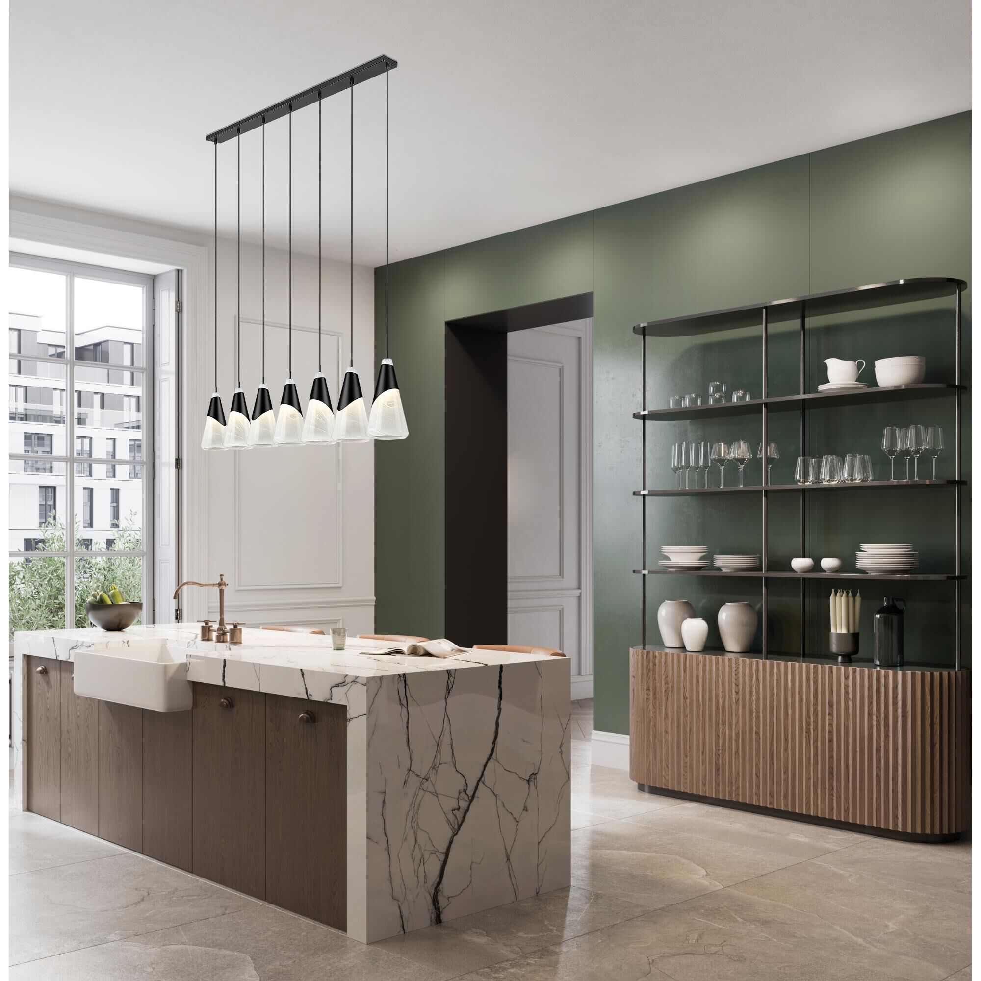 Shown in Matte Black finish and White Swirl glass and White Swirl shade