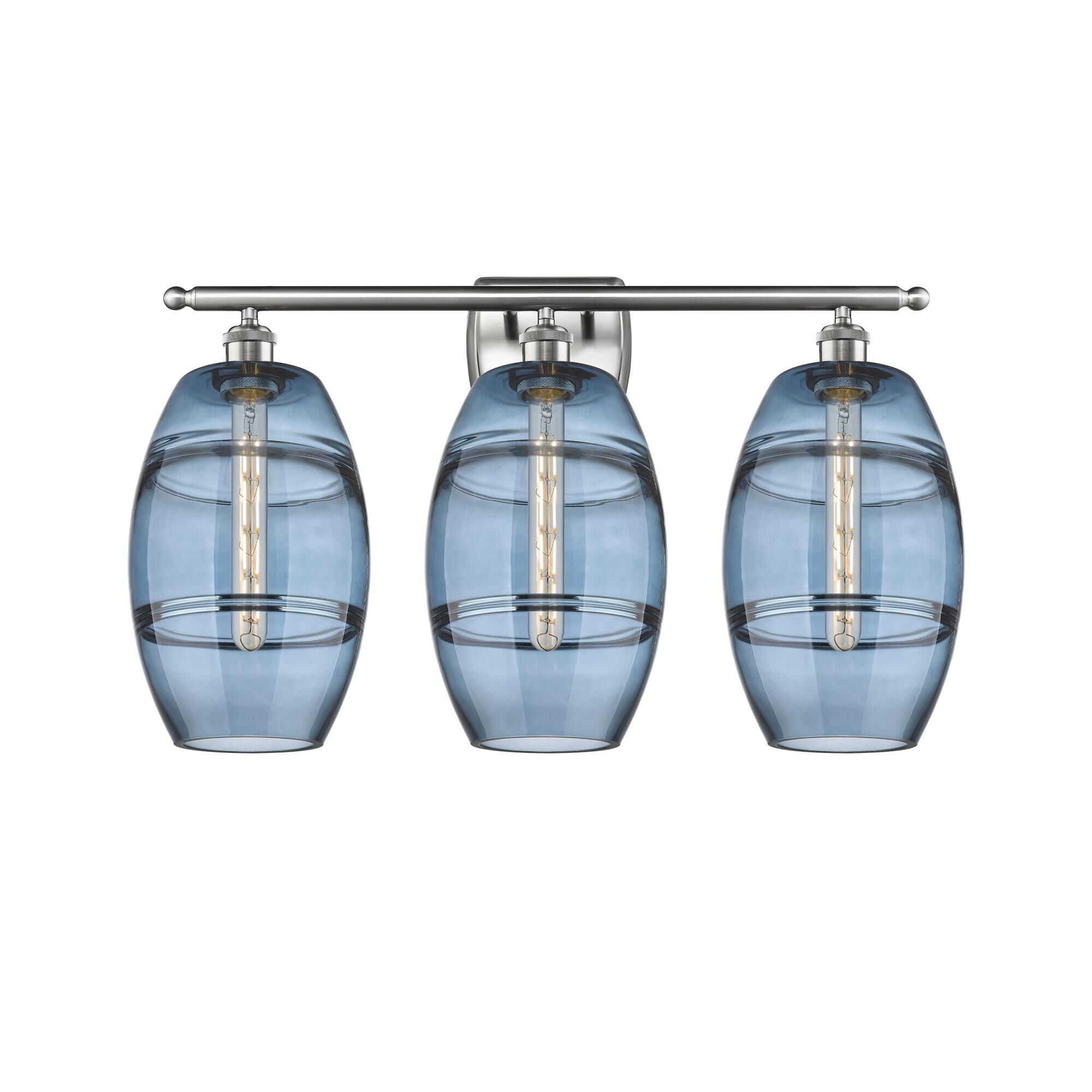 Shown in Brushed Satin Nickel finish and Princess Blue glass