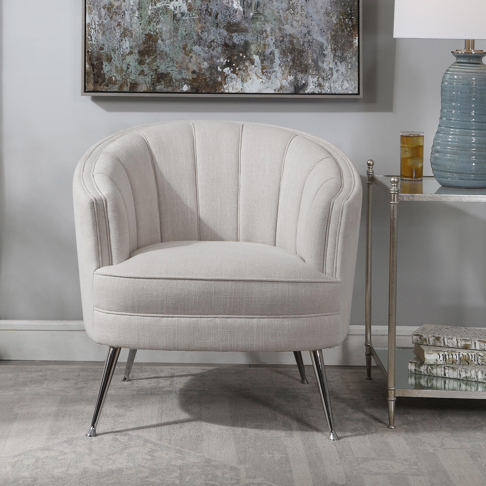Shown in The Perfect Balance Of Retro And Modern Style, This Welt Trimmed Barrel Back Chair Is Covered In A C finish