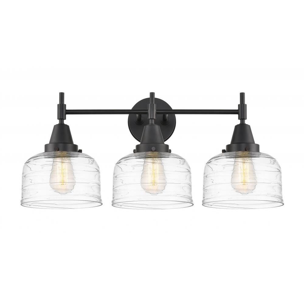 Shown in Matte Black finish and Clear Deco Swirl Large Bell glass