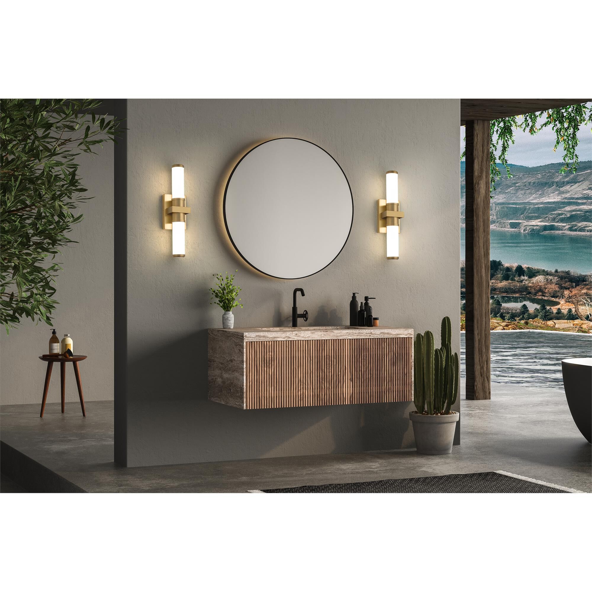 Shown in Modern Gold finish and Opal White glass and Opal White shade