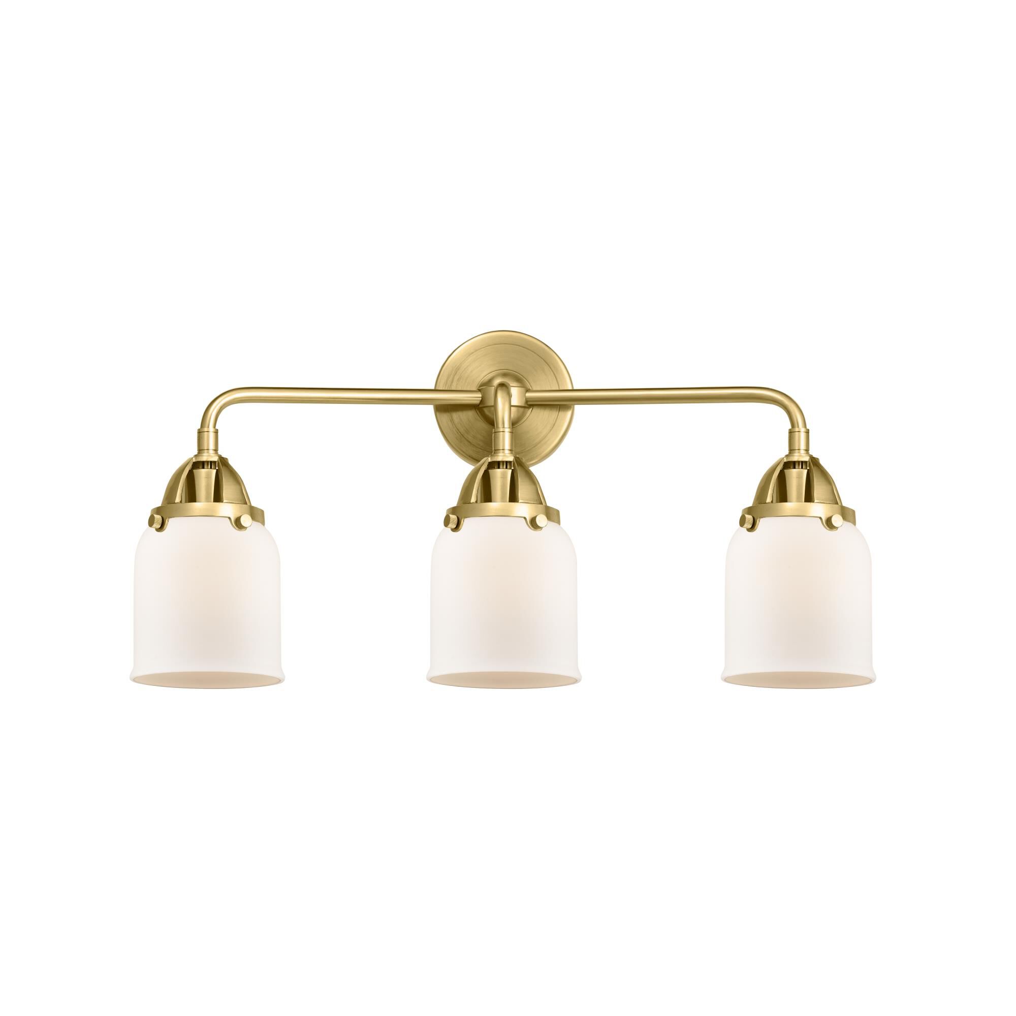 Shown in Satin Gold finish and Matte White Cased Small Bell glass and No Shade shade