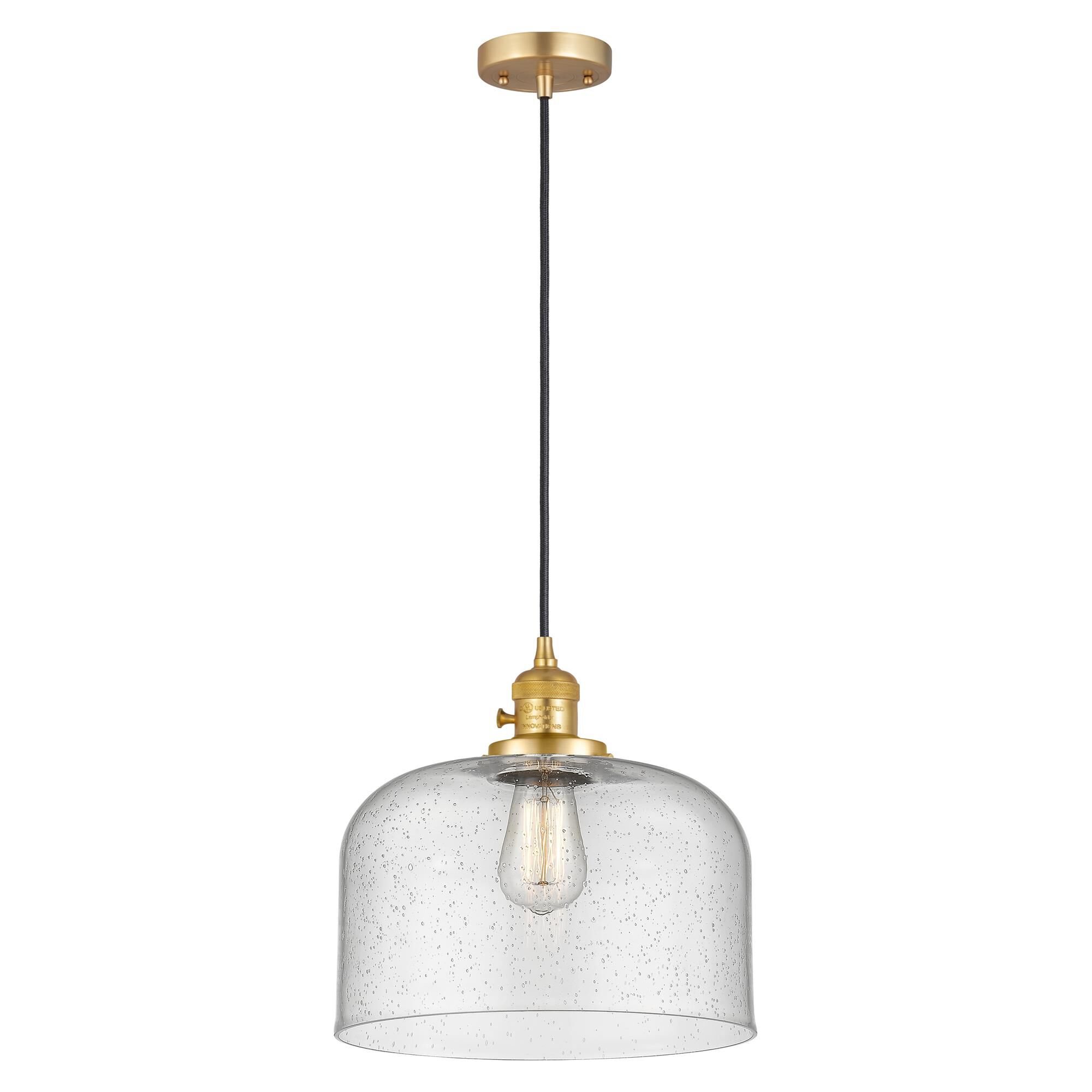 Shown in Satin Gold finish and Seedy glass