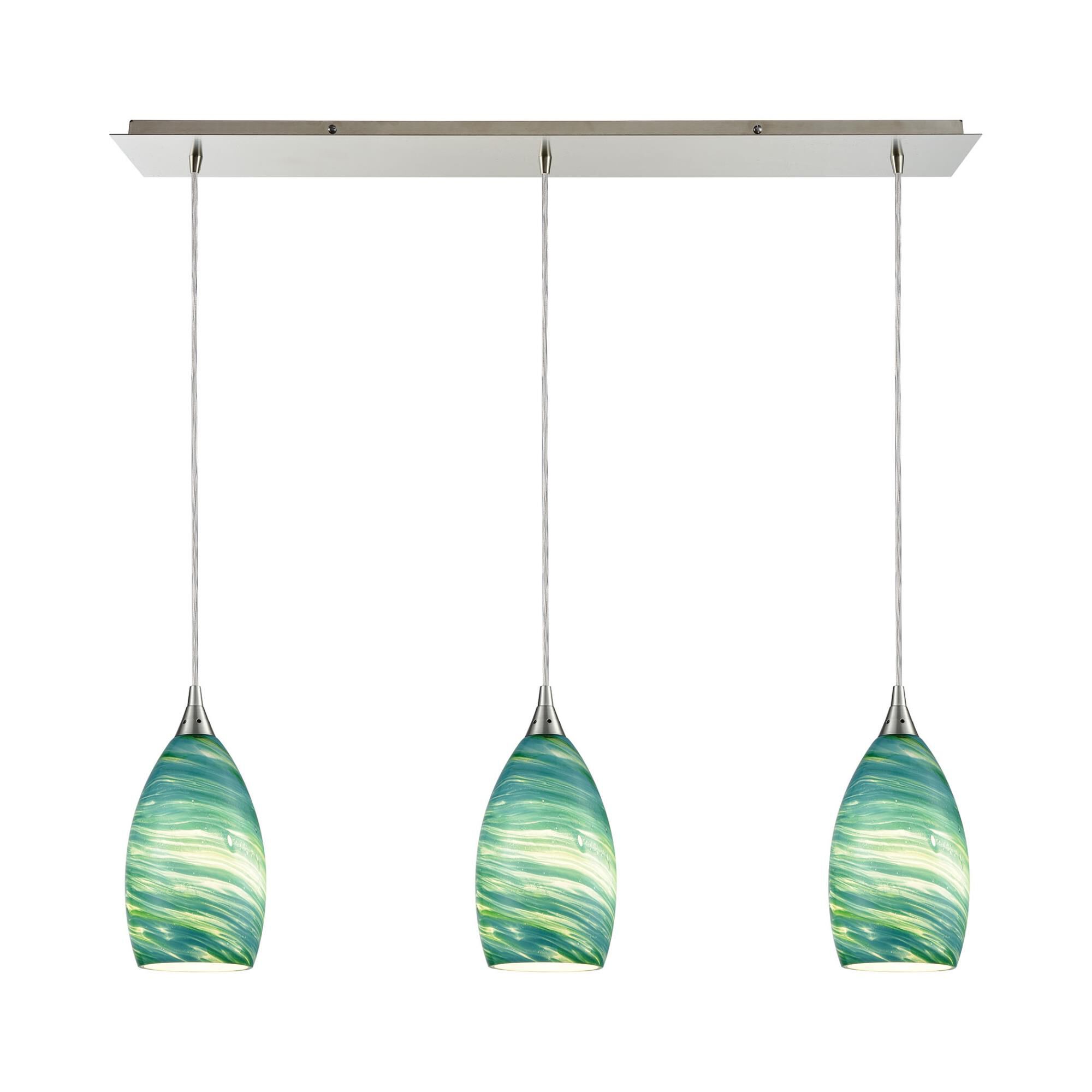 Shown in Satin Nickel finish and Aqua Swirl Blown glass