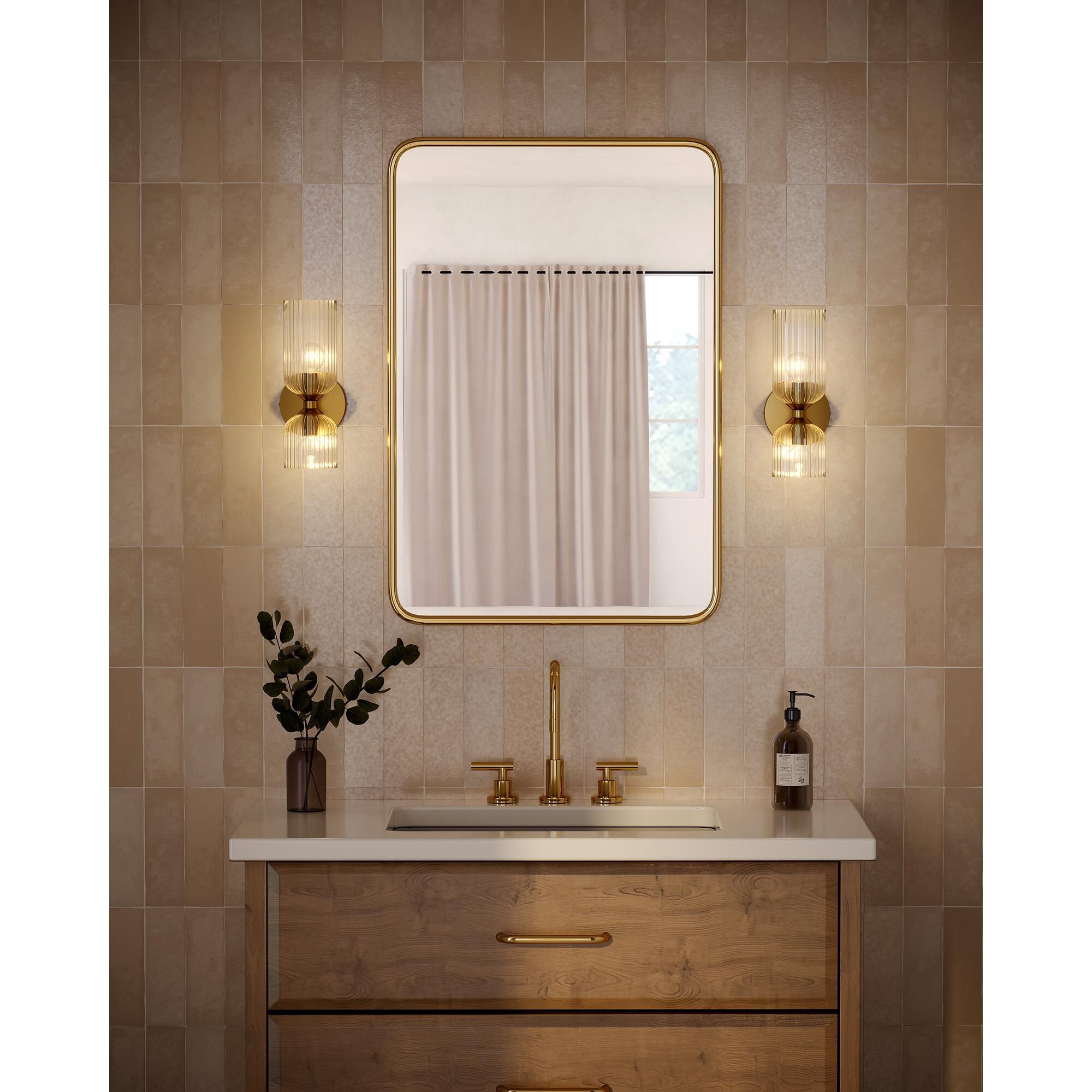 Shown in Brushed Gold finish and Clear Ribbed glass