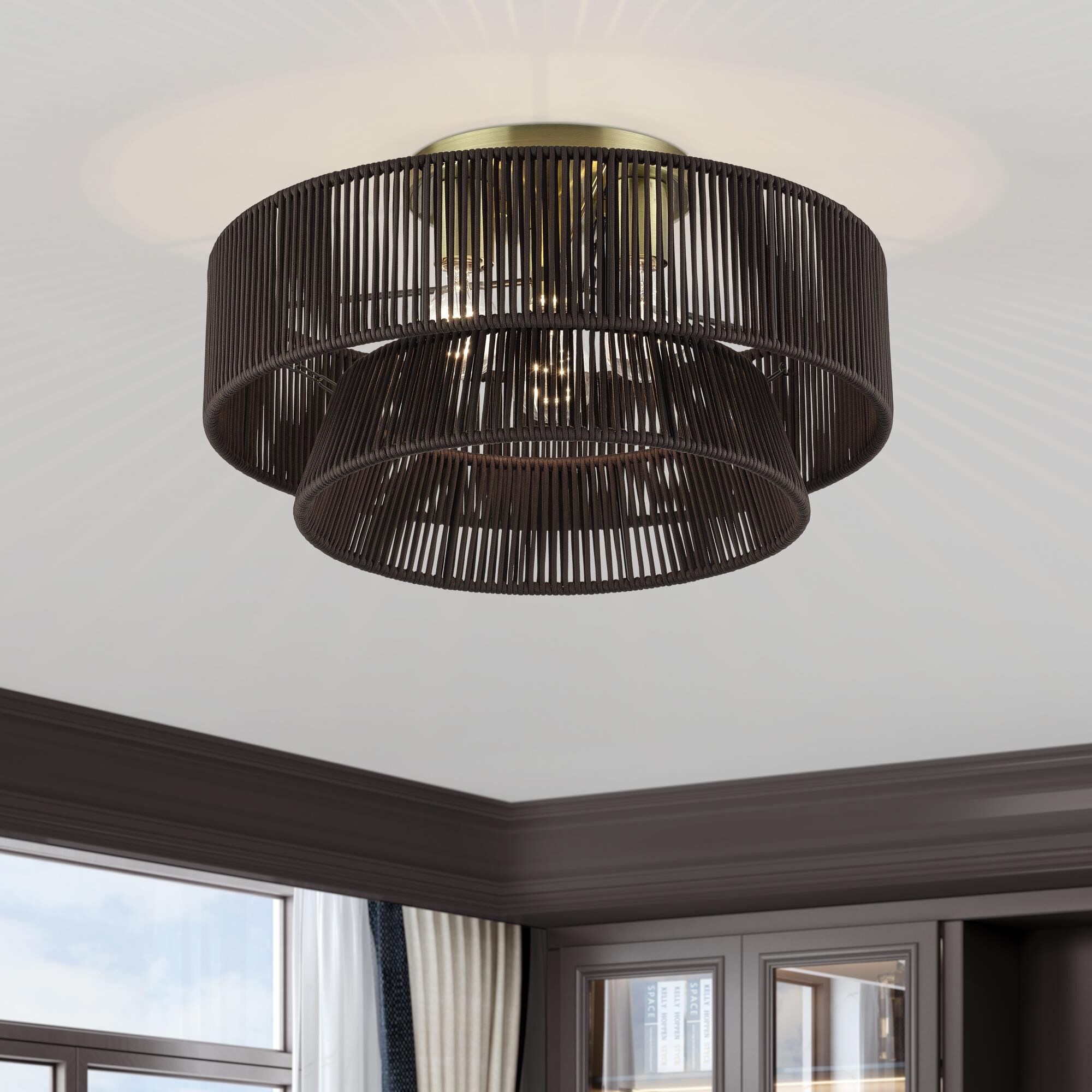 Shown in Antique Brass finish and Hand-Woven Dark Chocolate Color Polyester Rope shade